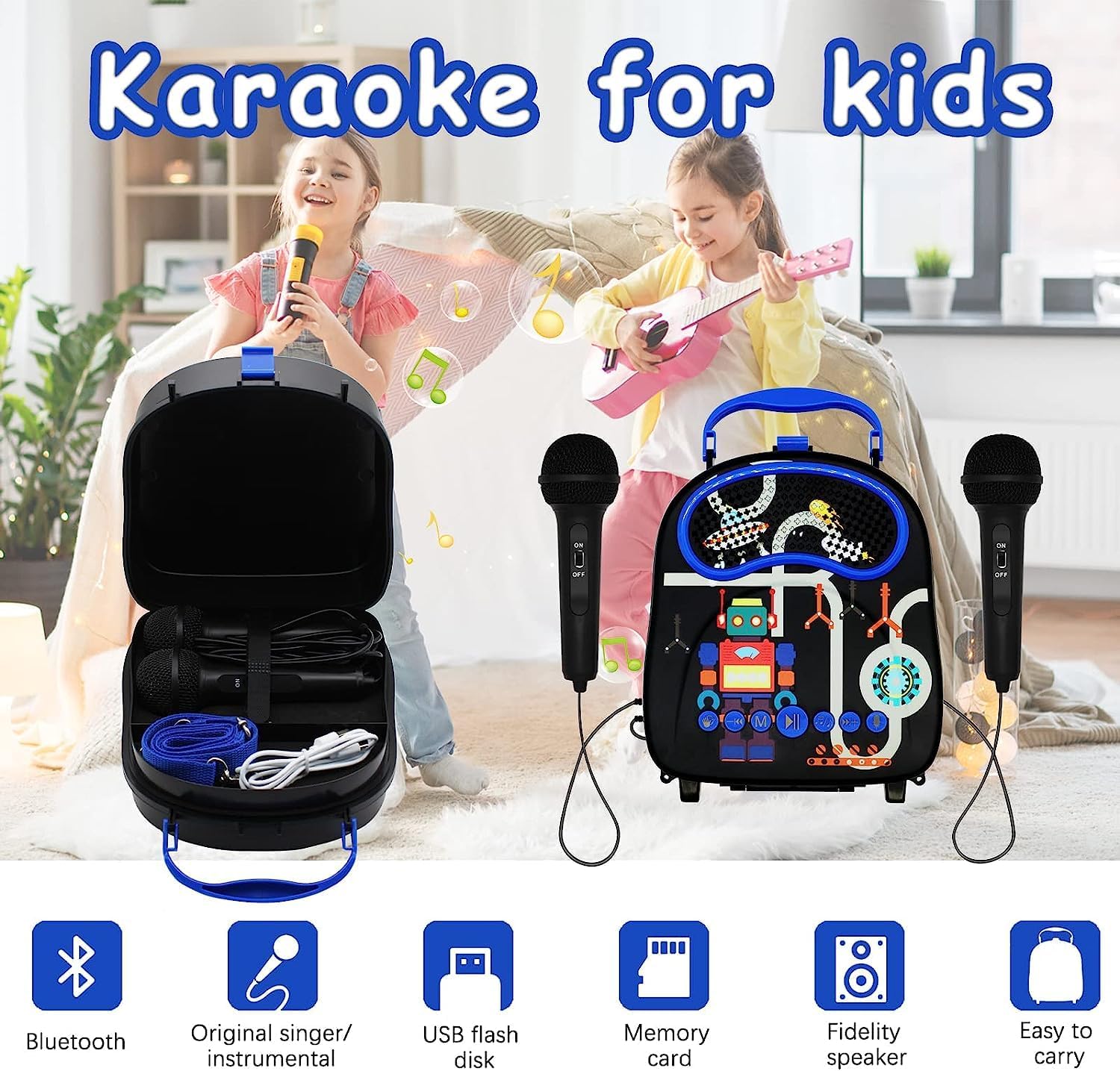 Portable Kids Karaoke with 2 Mics, Bluetooth, SD/USB - Gominimo