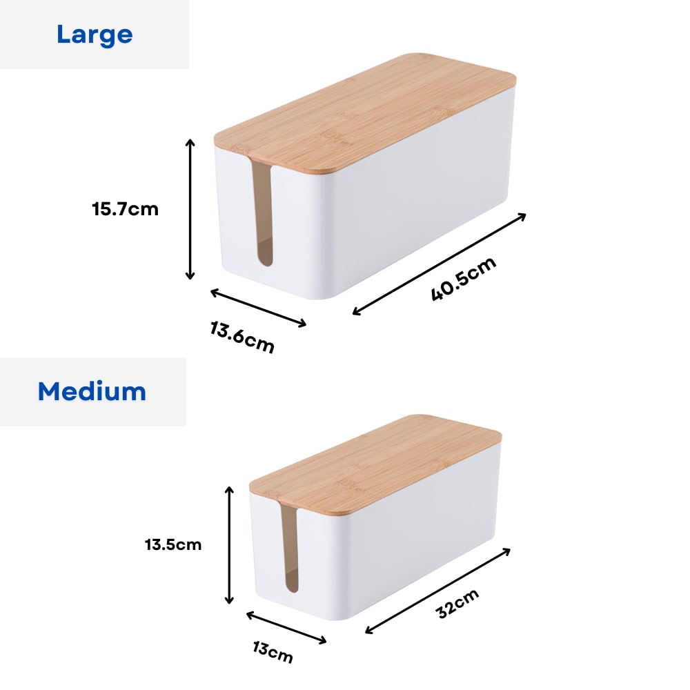 Cable Management Box Set with Bamboo Lids, 2 Sizes (White)