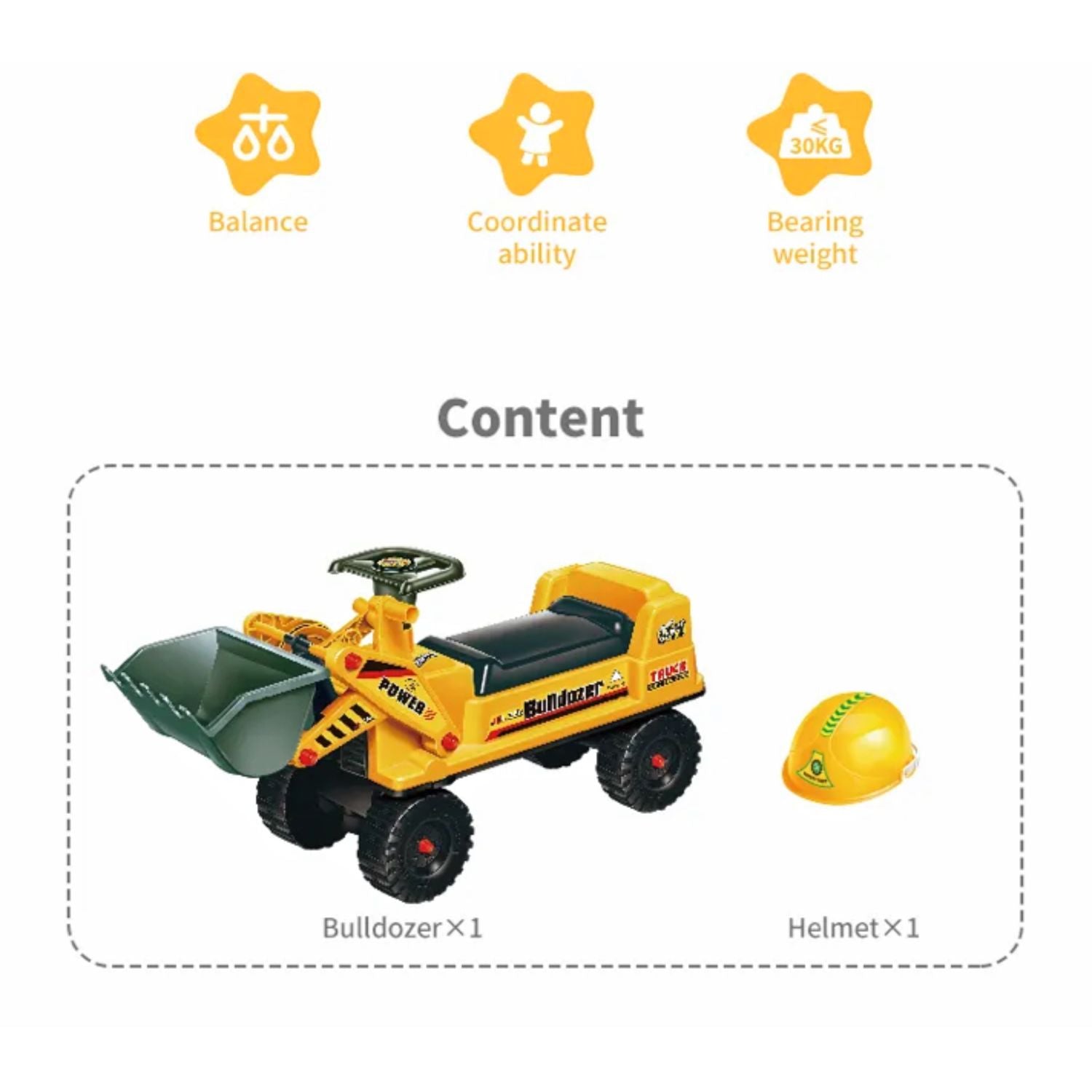 Kids Ride-On Bulldozer Digger Tractor Toy with Helmet, 30kg