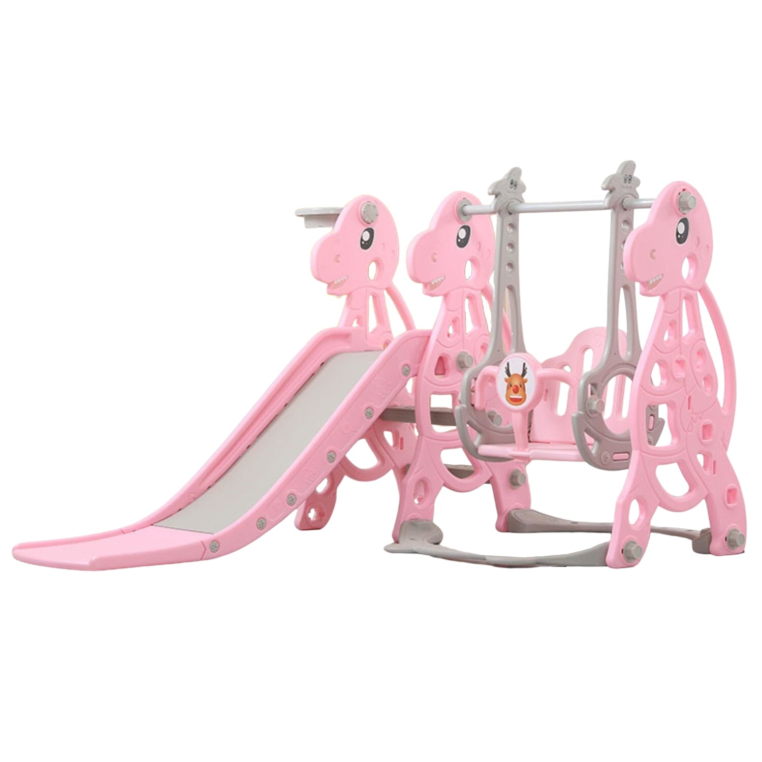 GOMINIMO Kids Slide and Swing Set with Basketball Hoop (Pink Dinosaur)