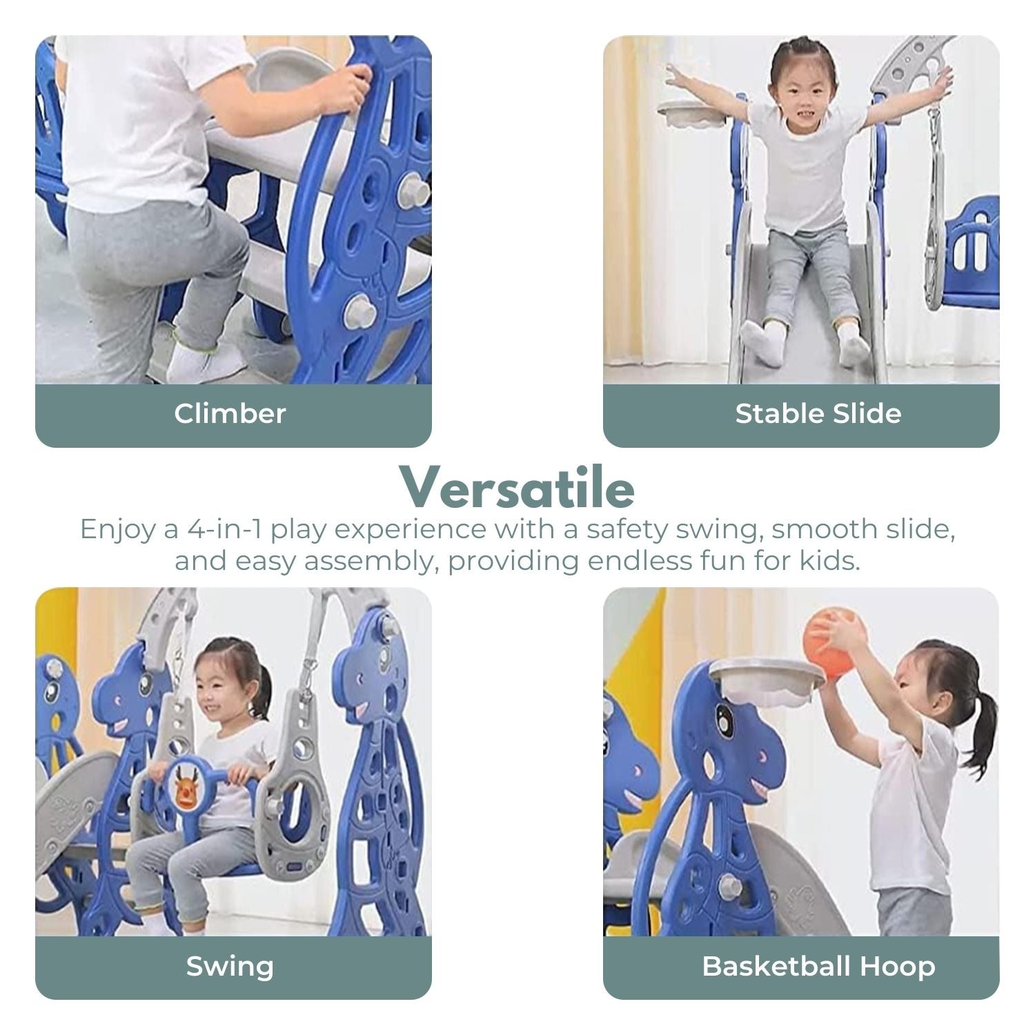 GOMINIMO Kids Slide and Swing Set with Basketball Hoop (blue Dinosaur)