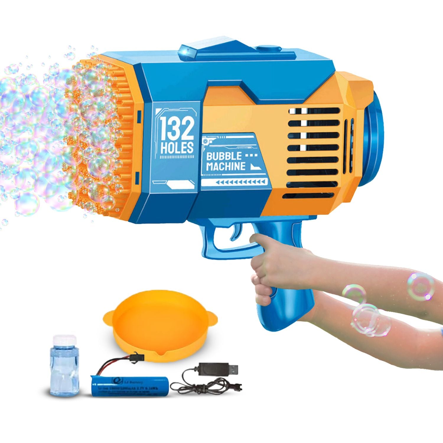 GOMINIMO 132 Holes Rechargeable Bubbles Machine Gun for Kids (Orange and Blue)