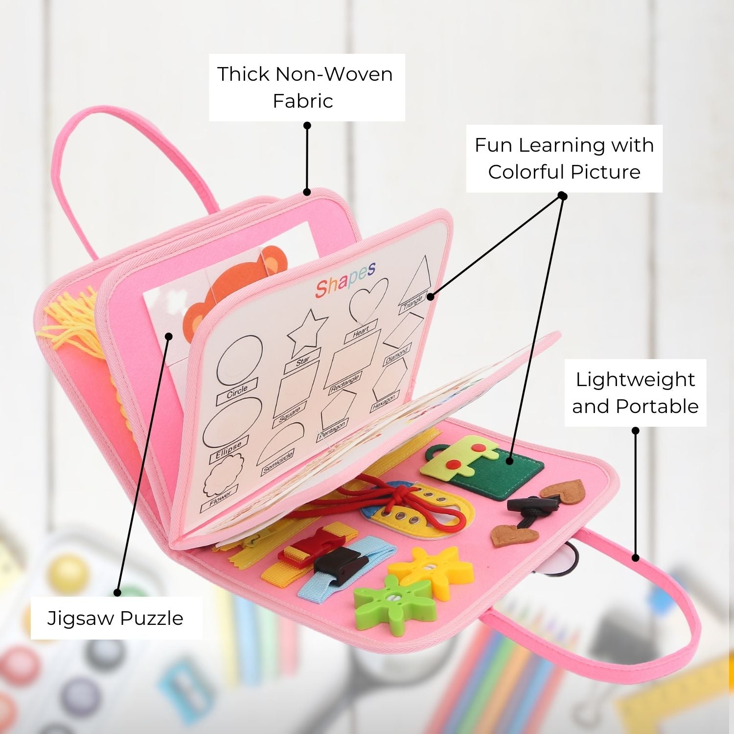 Kids Busy Board Learning Toy with Drawing Set, Pink - GOMINIMO