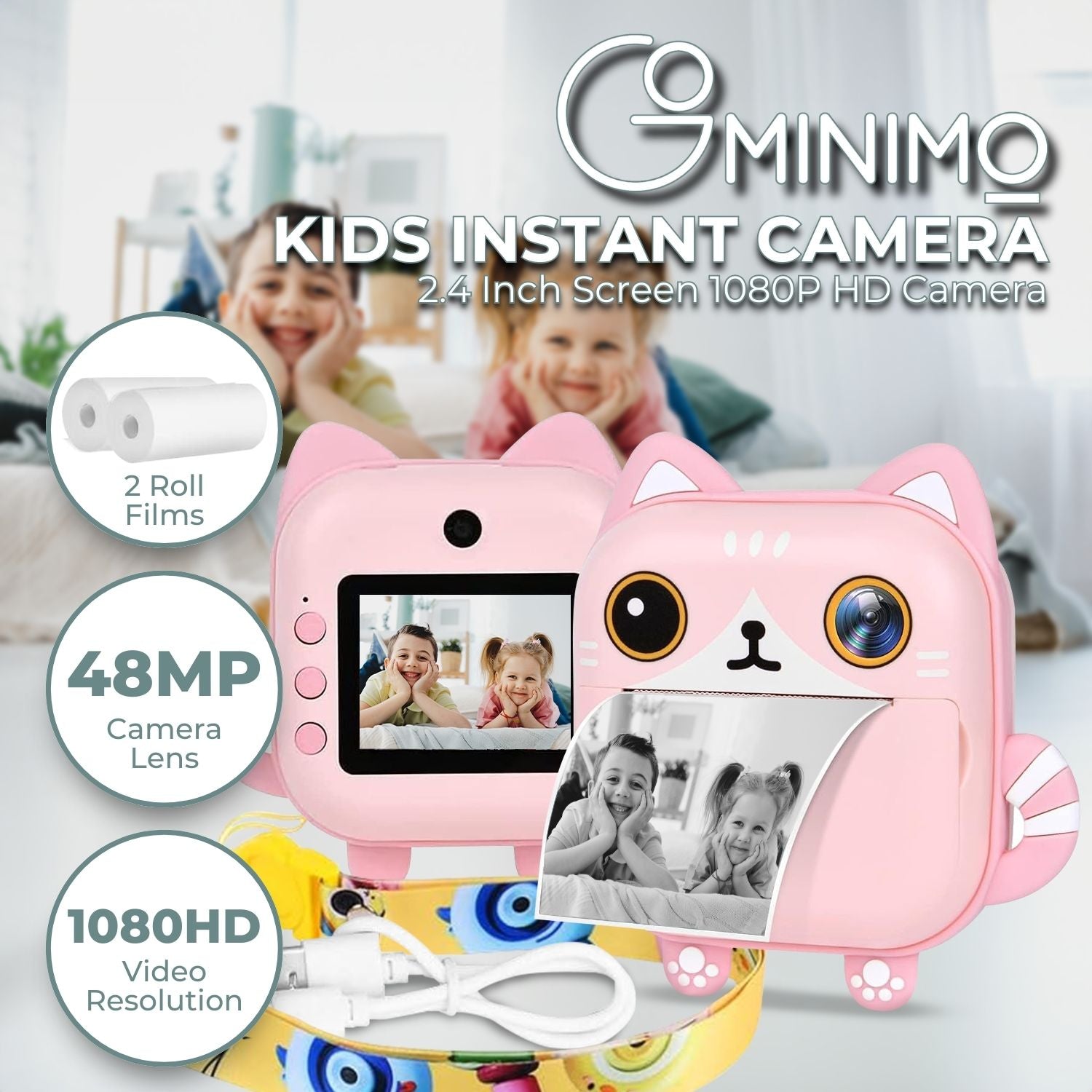 Dual 48MP Printable Kids Camera, 32GB TF Card, GOMINIMO