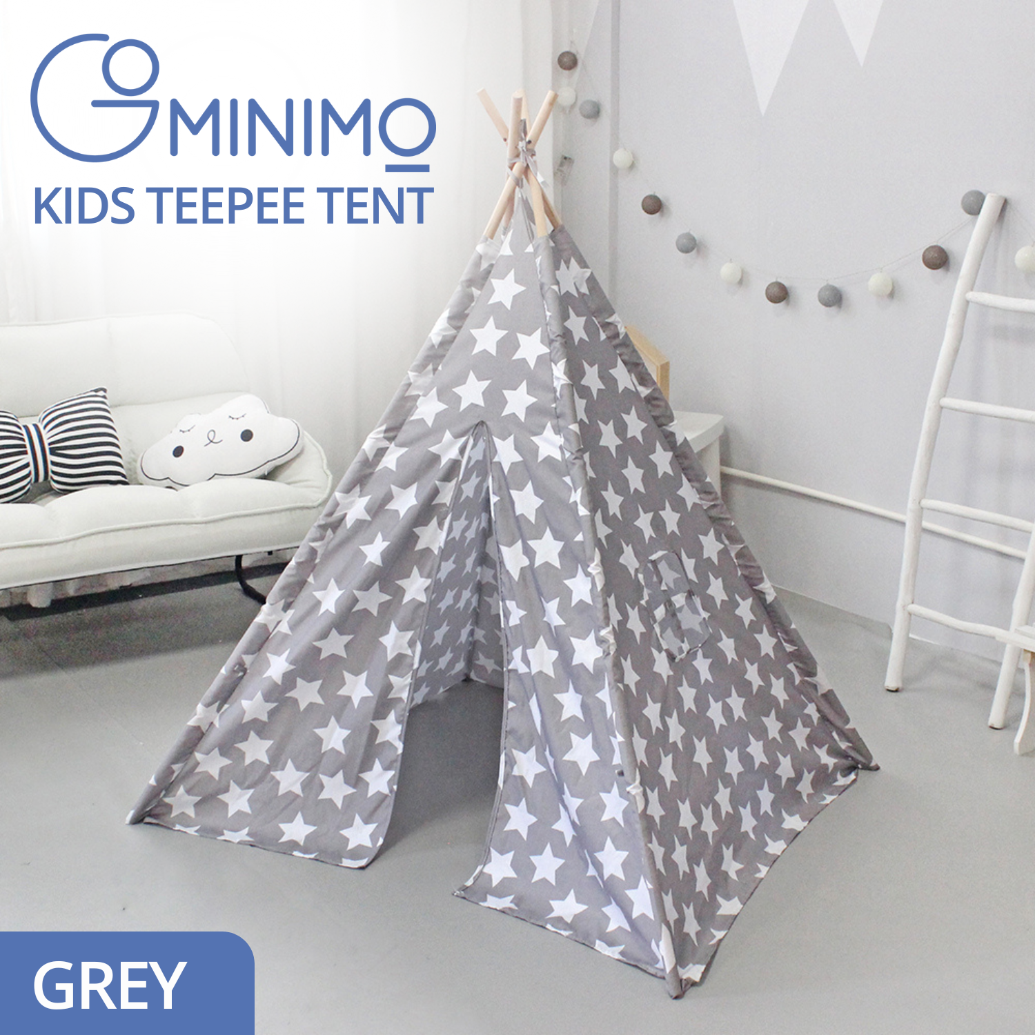 GOMINIMO Kids Teepee Tent with Side Window and Carry Case (Grey Star)