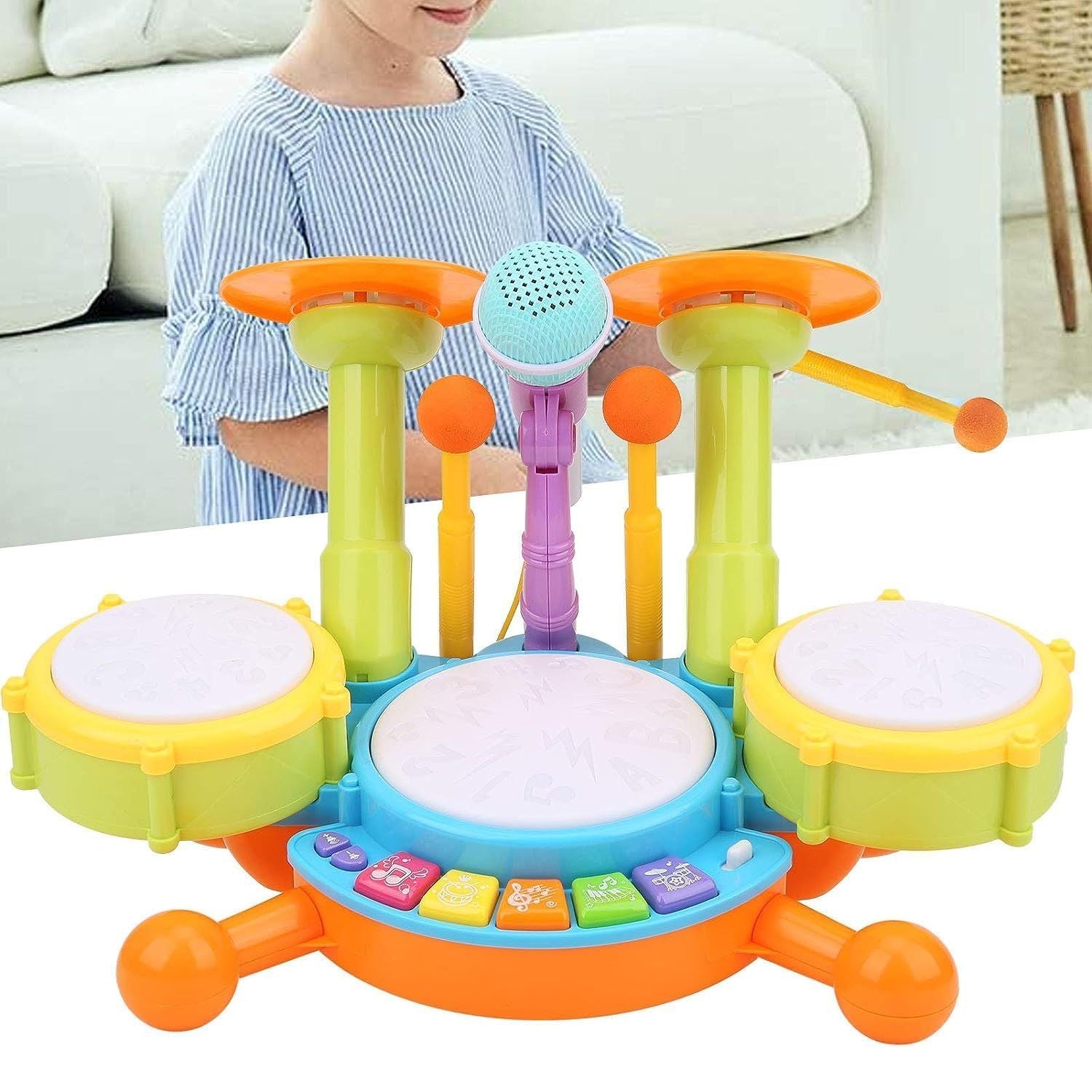 Multicolor Kids Musical Drum Set with Mic, Safe Sound - Gominimo