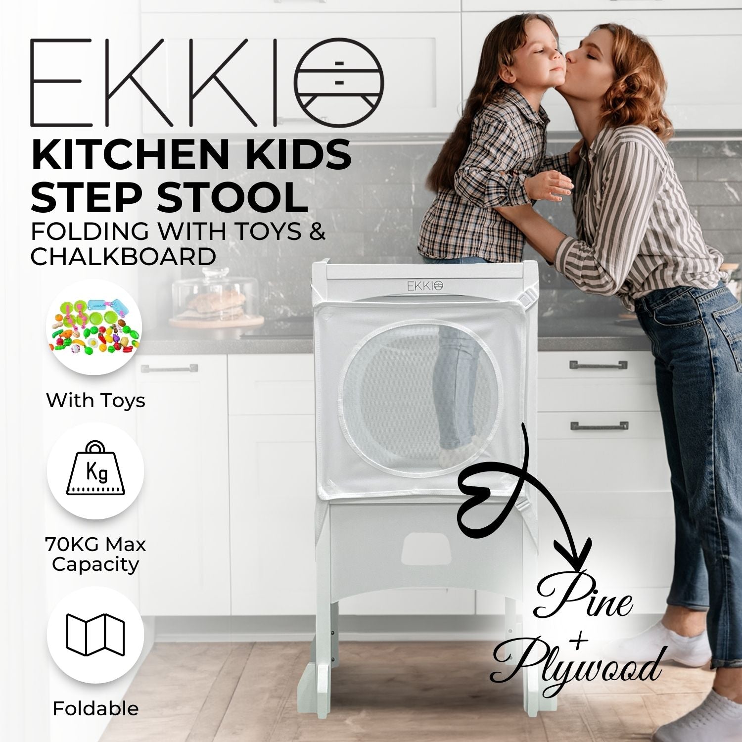 EKKIO Folding Kitchen Kids Step Stool with Chalkboard- Saturn, Moon, Square and Star Shape Design (White)