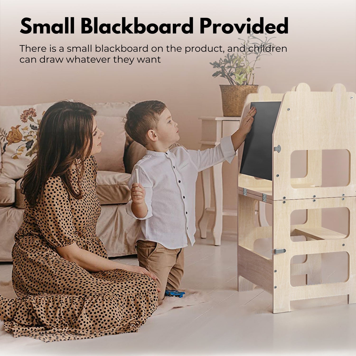 EKKIO Folding Kitchen Kids Step Stool with Chalkboard - Bear Ear design (Wood Color)