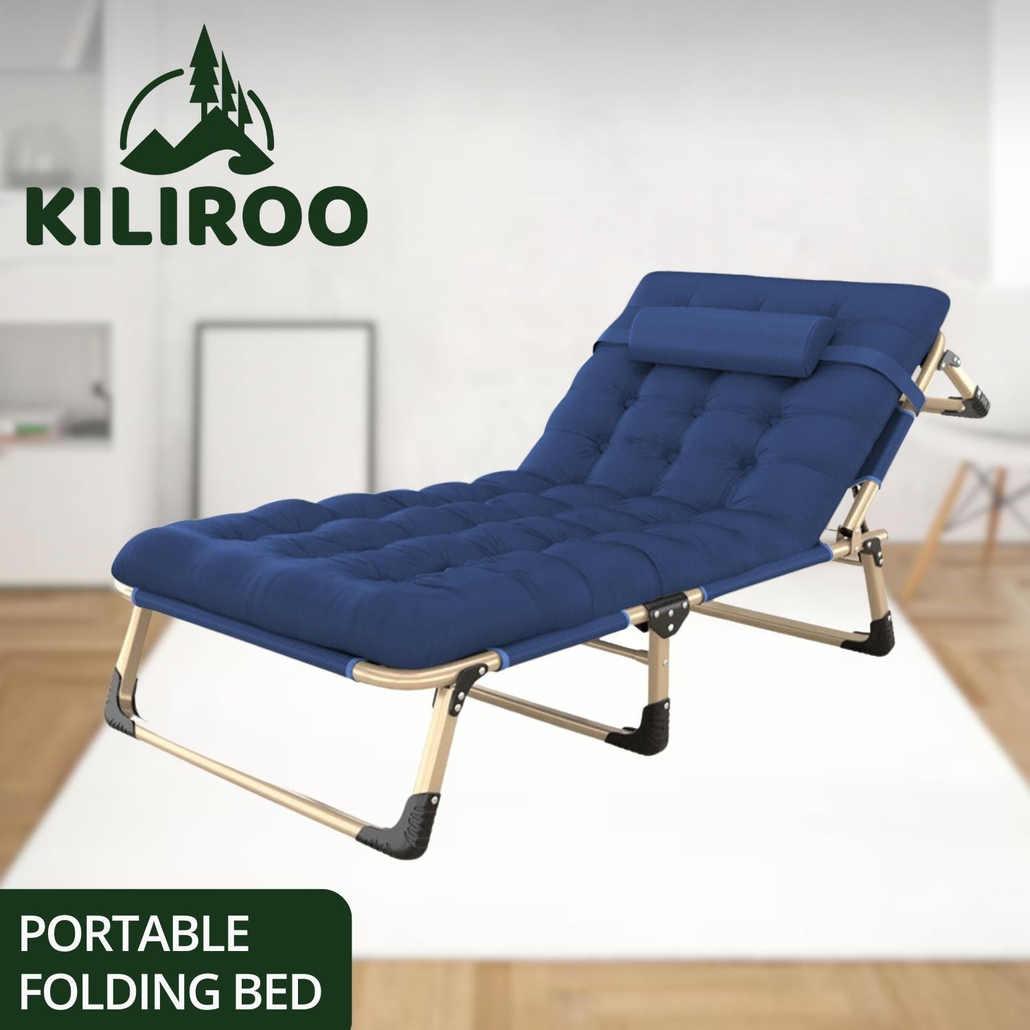 KILIROO Adjustable Portable Folding Bed with Mattress and Headrest (Blue)