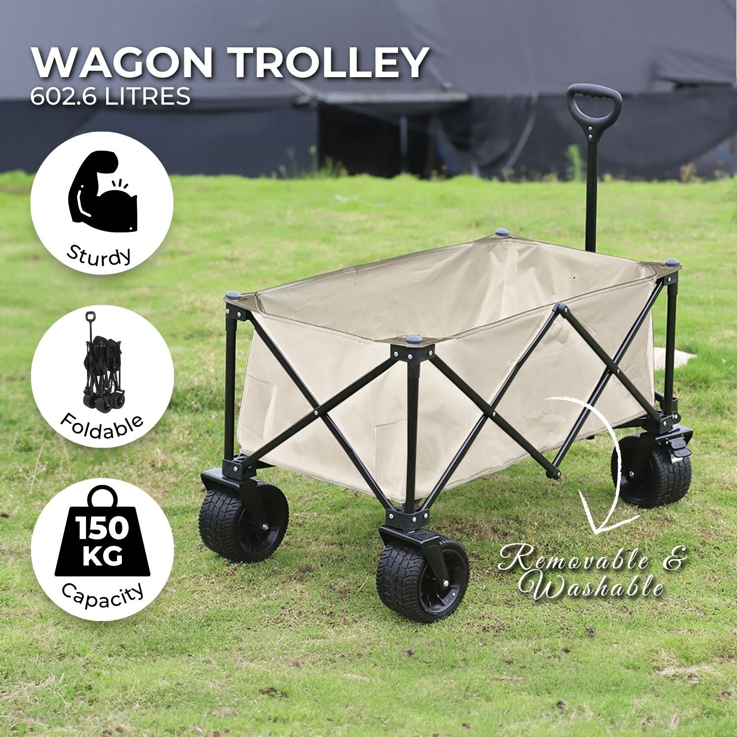 KILIROO Folding Wagon Trolley Cart with Wide Wheels and Rear Tail Gate (Khaki)