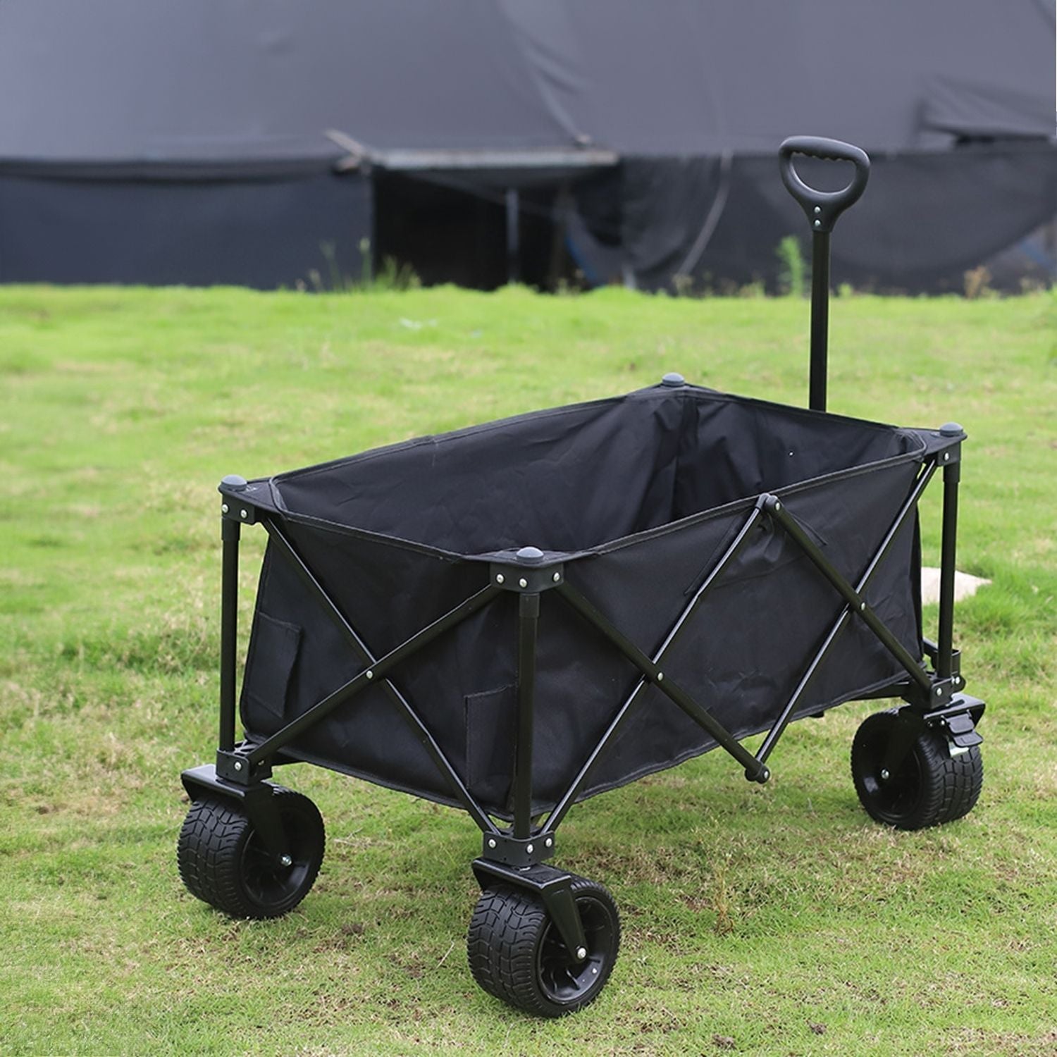 KILIROO Folding Wagon Trolley Cart with Wide Wheels and Rear Tail Gate (Black)