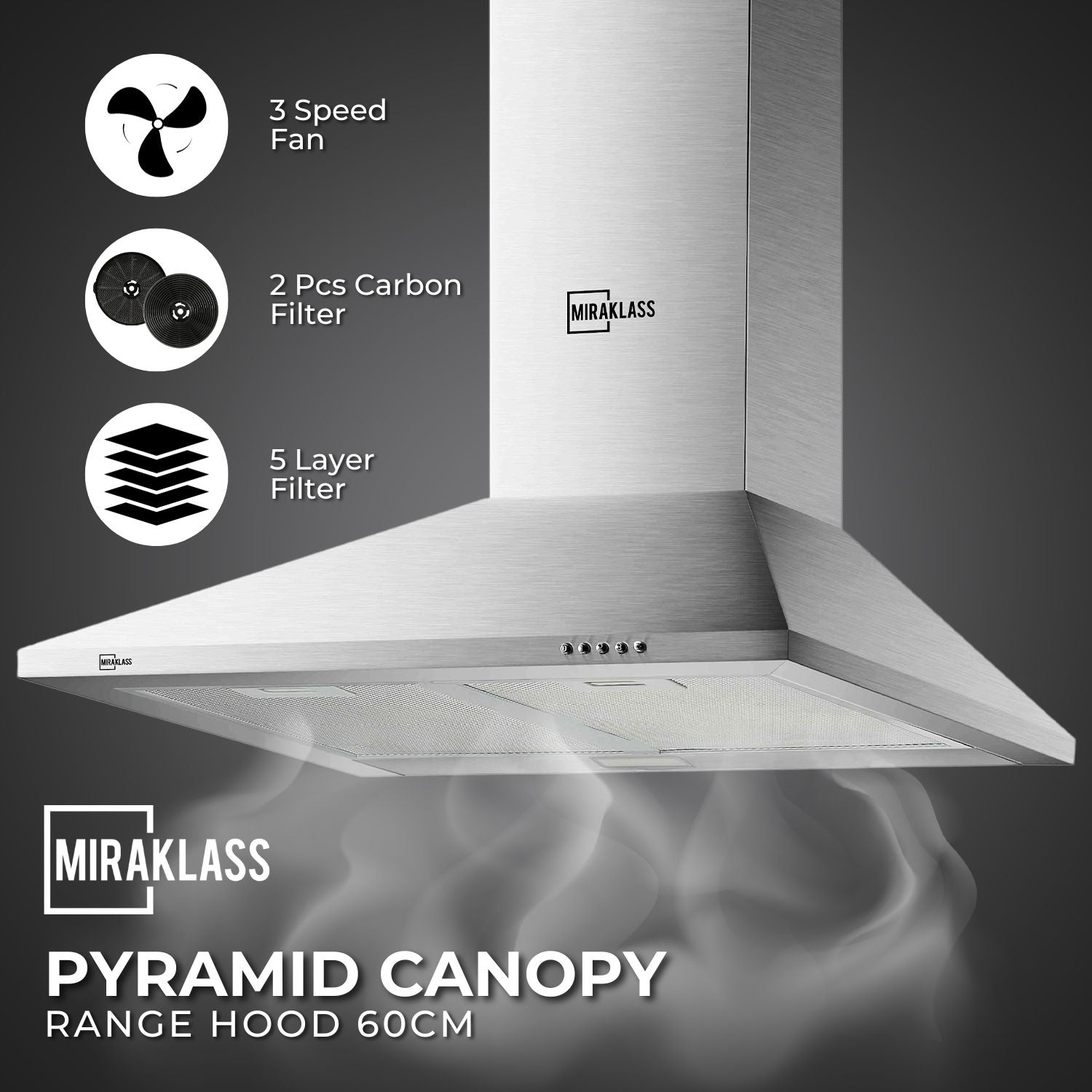 Rust-Resistant Stainless Steel 60cm Pyramid Rangehood, LED Light, 3-Speed