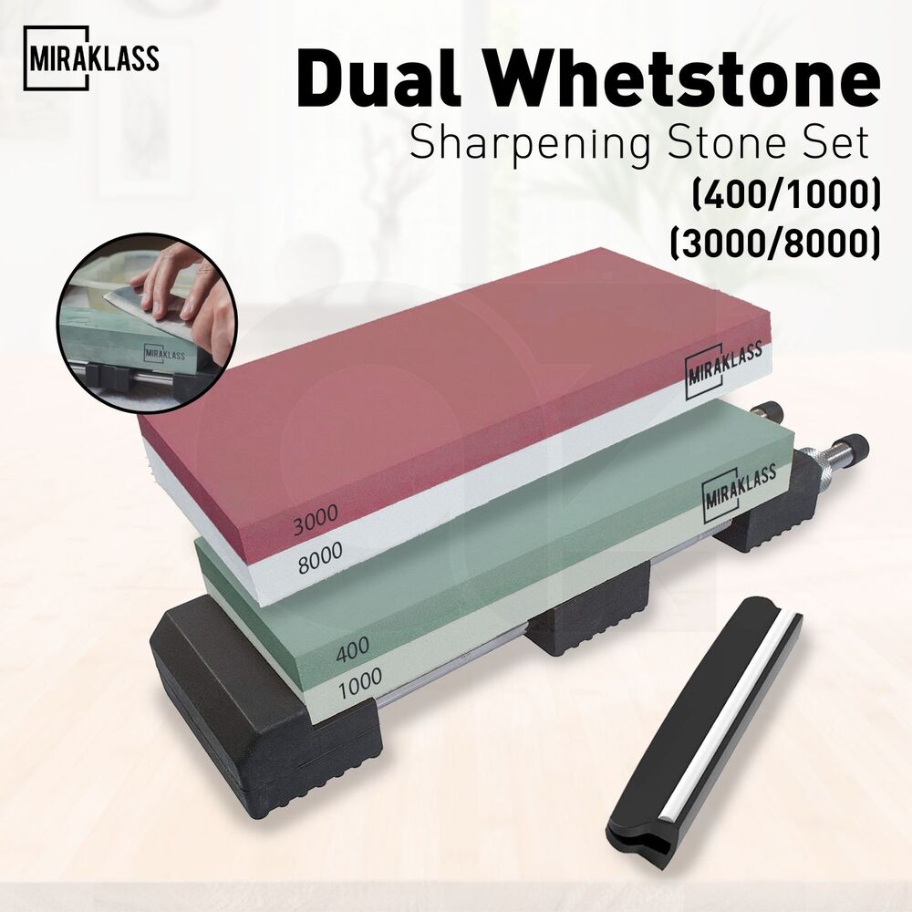 Dual-Sided Whetstone Set 400/1000 & 3000/8000 Grit, 2 Bases, Guide, Holder - Miraklass