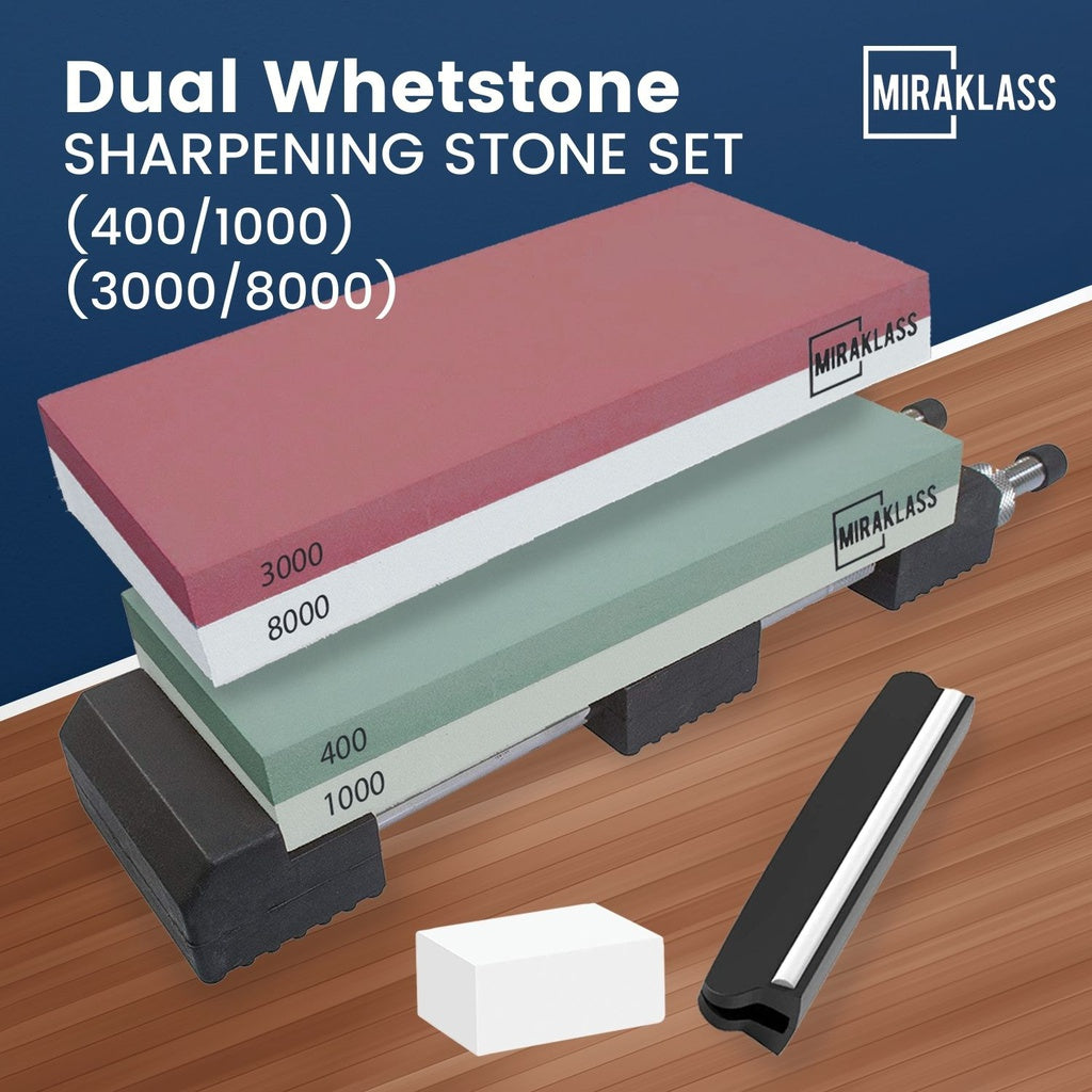 Dual-Sided Whetstone Set 400/1000 & 3000/8000 Grit, 2 Bases, Guide, Holder - Miraklass