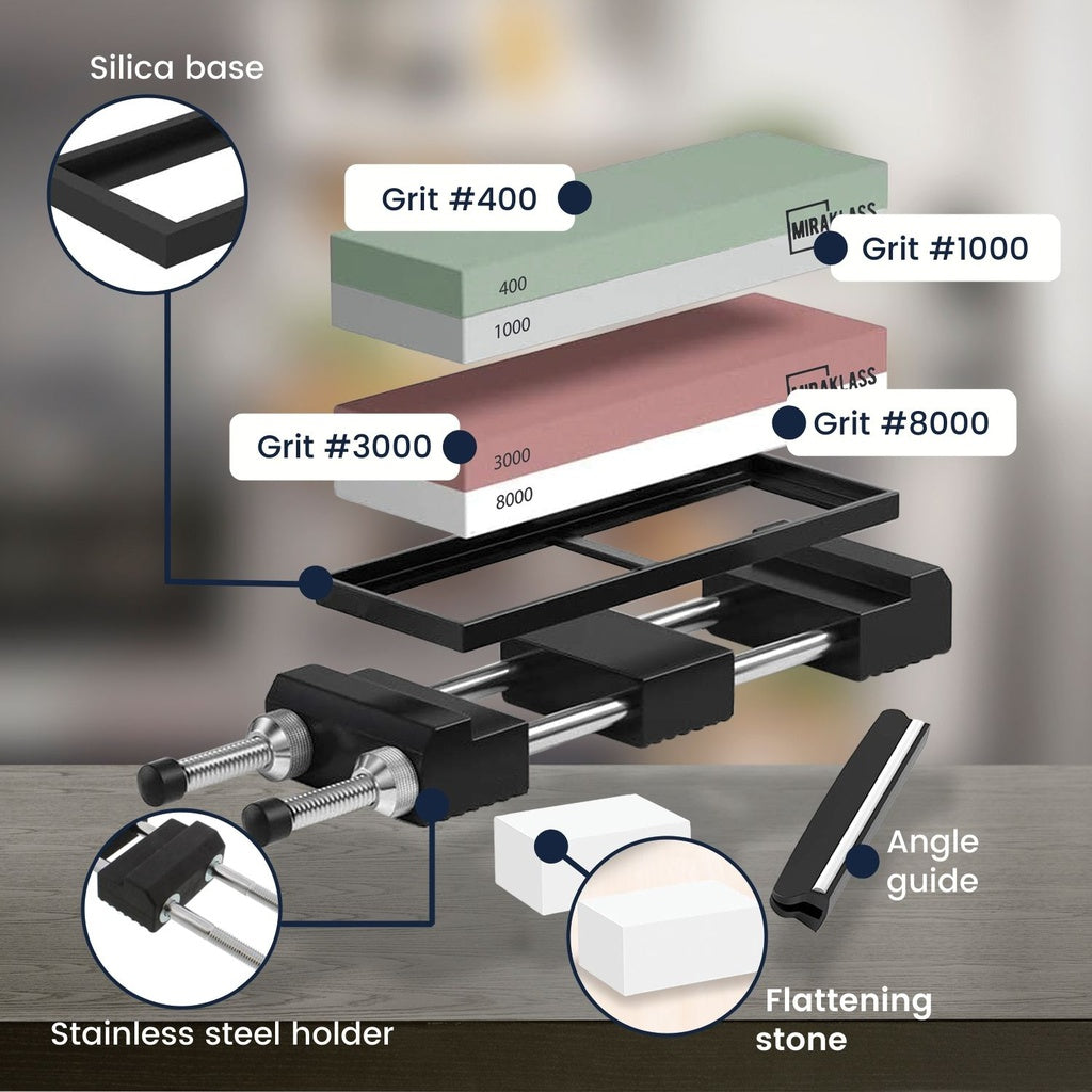 Dual-Sided Whetstone Set 400/1000 & 3000/8000 Grit, 2 Bases, Guide, Holder - Miraklass