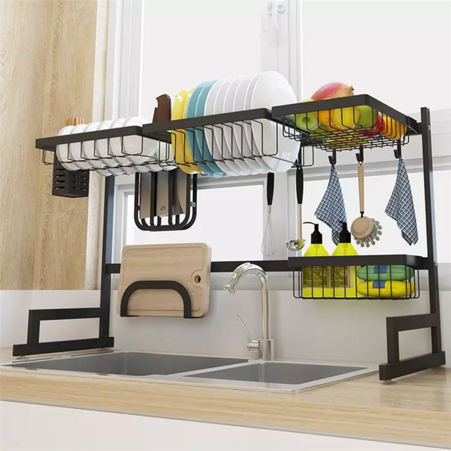 Adjustable Dishwasher Safe Over Sink Dish Drying Rack, Stainless Steel with 8 Components - GOMINIMO