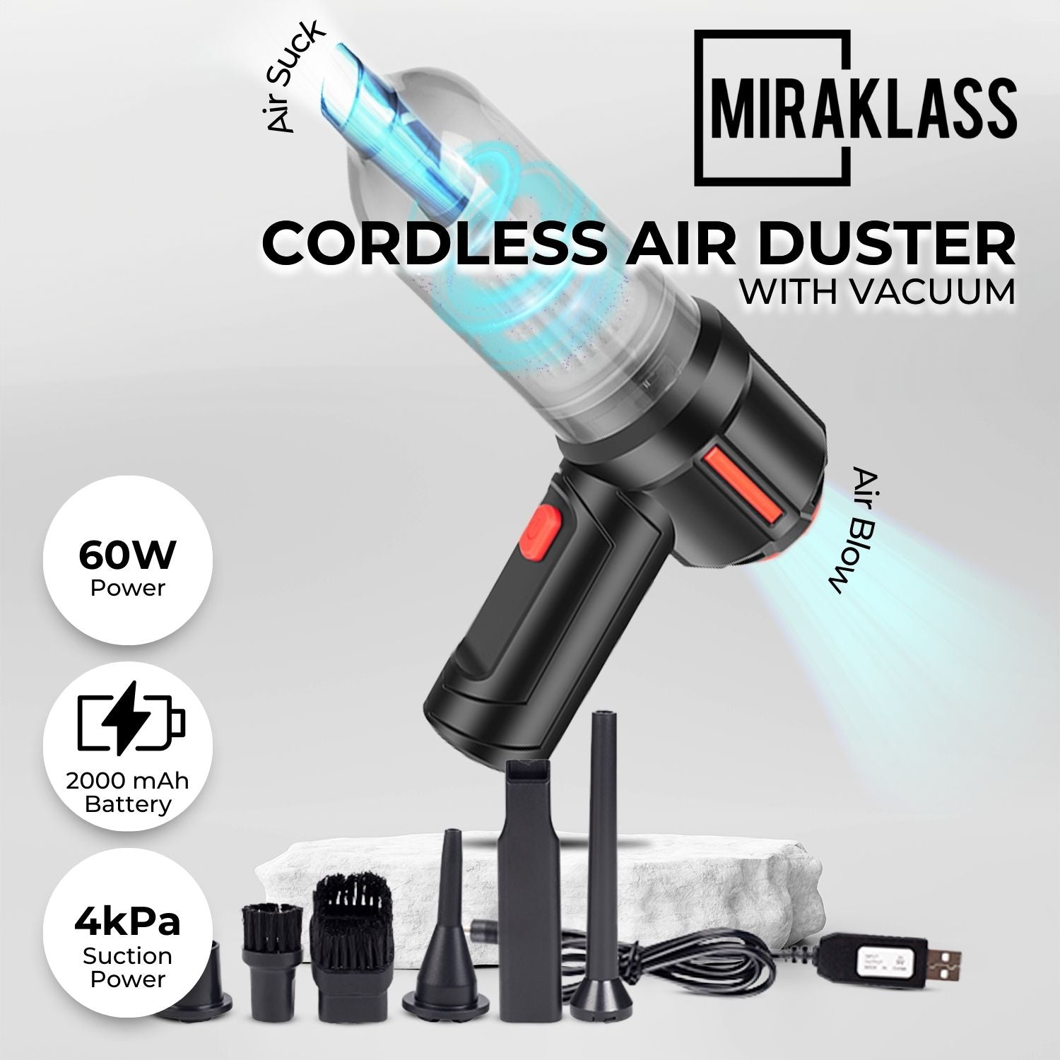 3-in-1 Cordless Air Duster, Vacuum & Pump, 60W - Miraklass