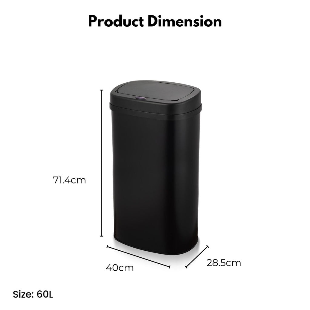 Soft Close Motion Sensor Bin 60L Black Rectangular - Miraklass