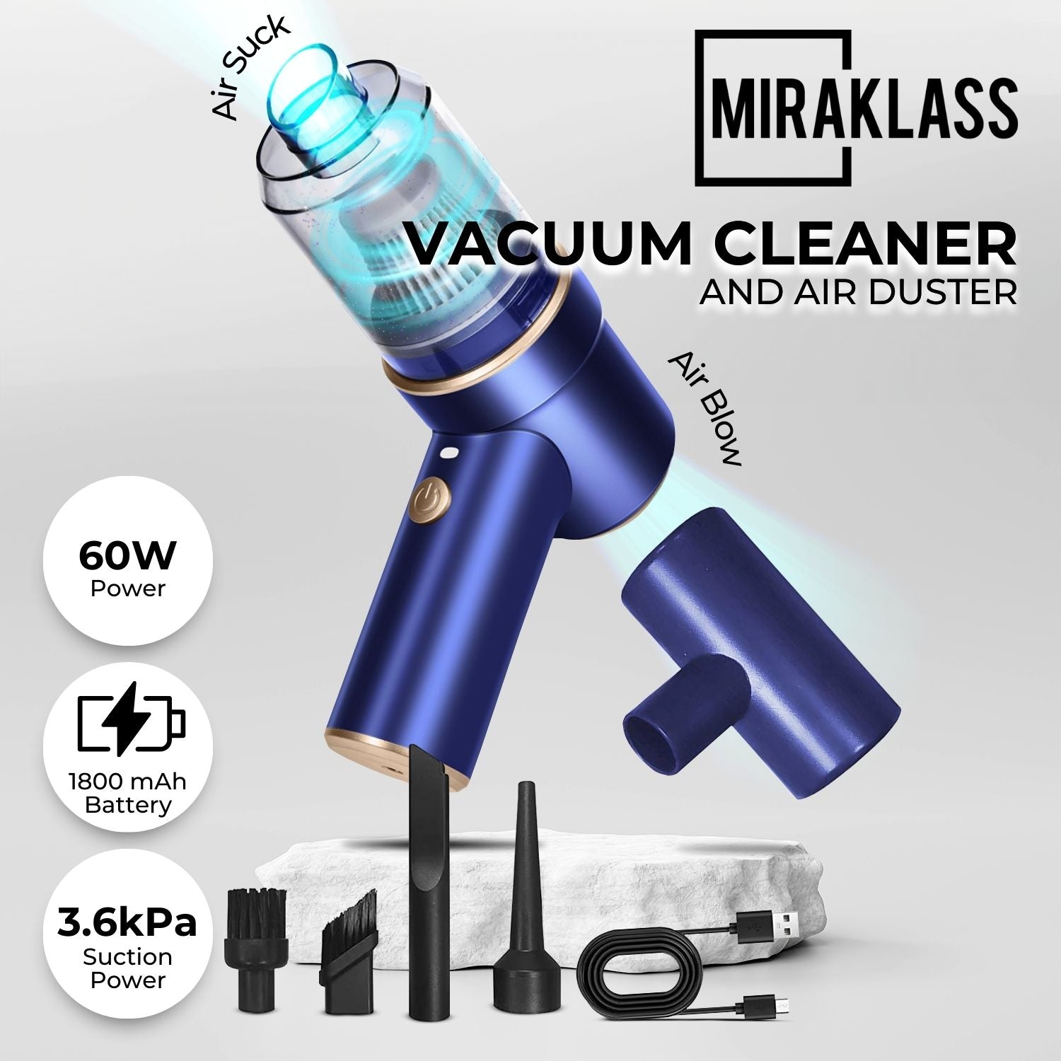 MIRAKLASS 45000RPM 7.4V Rechargeable Cordless Air Duster and Car Vacuum Cleaner (Navy Blue)