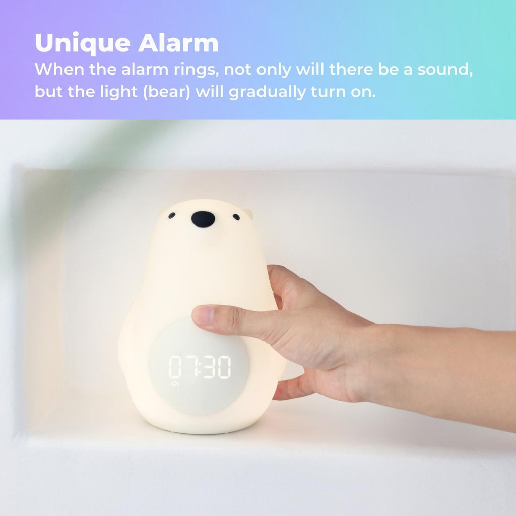 Rechargeable LED Wake-Up Bear Alarm Clock, Dual Alarms, White | MUID