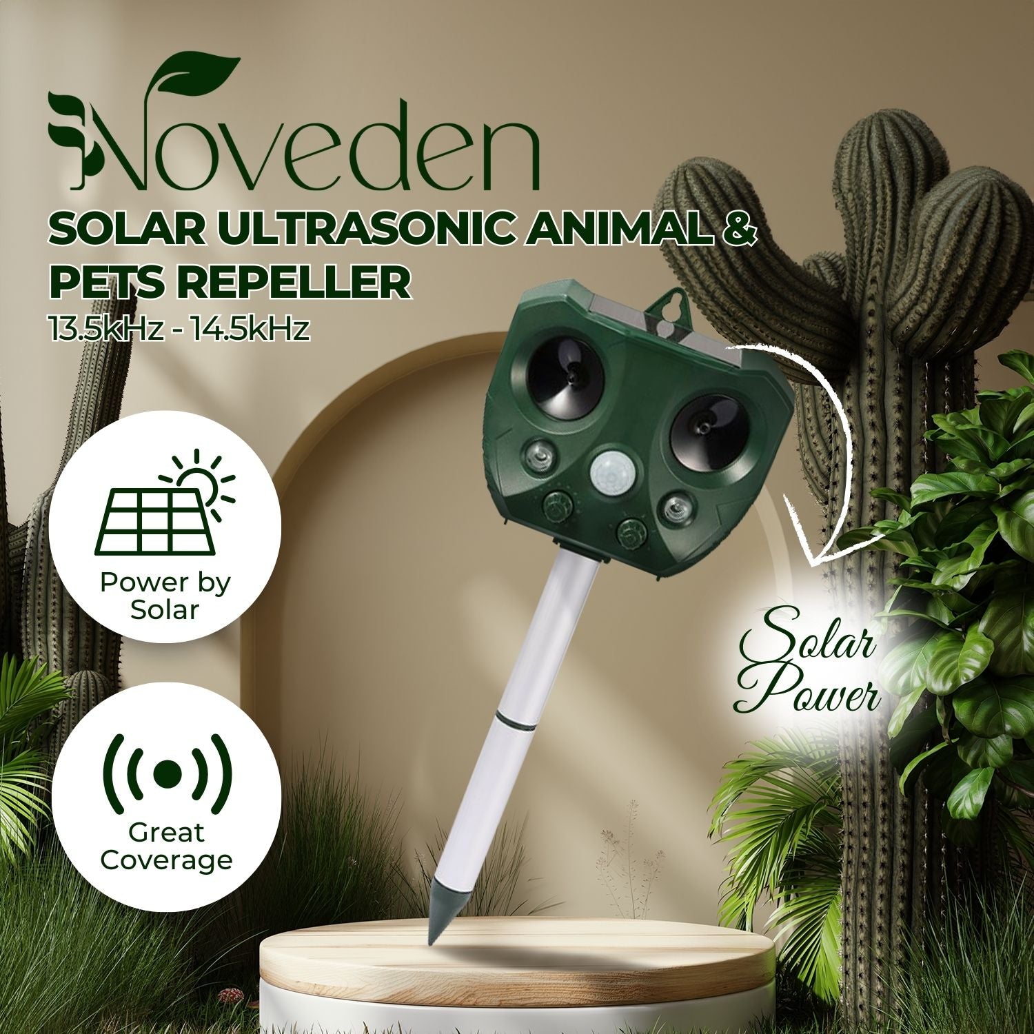 NOVEDEN Solar Ultrasonic Animal and Pets Repeller(Green)