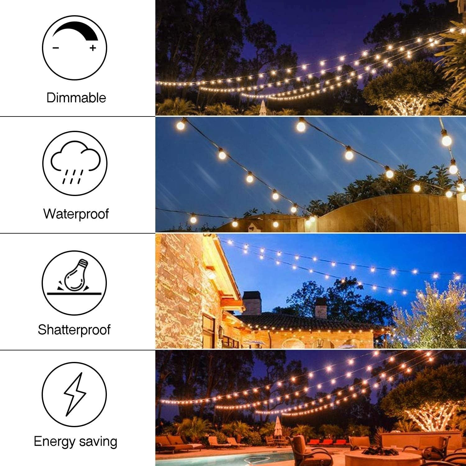 53FT Weatherproof LED String Lights Outdoor Warm White NOVEDEN