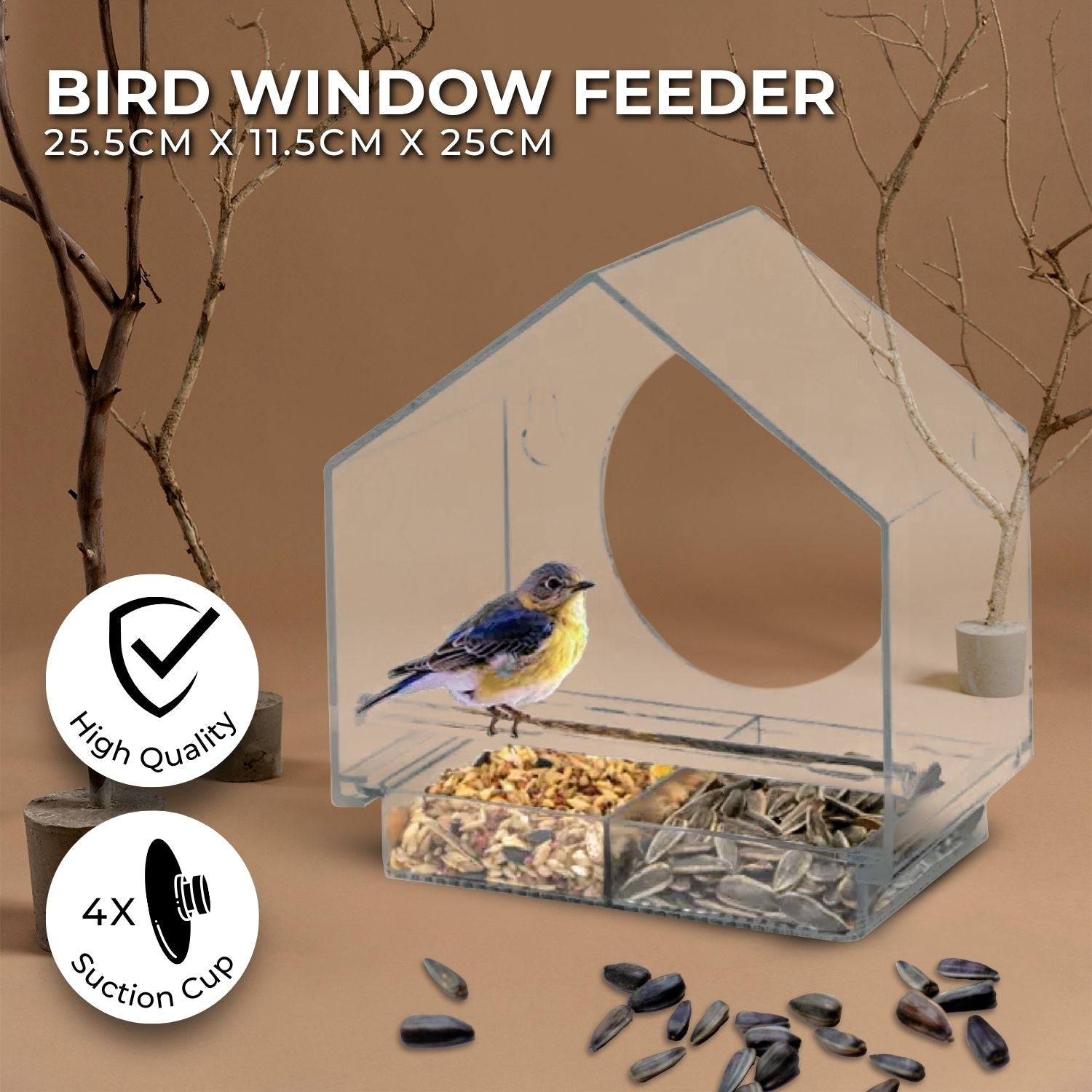 NOVEDEN Window Bird Feeder with Removable Tray Drain Holes and 4 Suction Cups (Transparent)