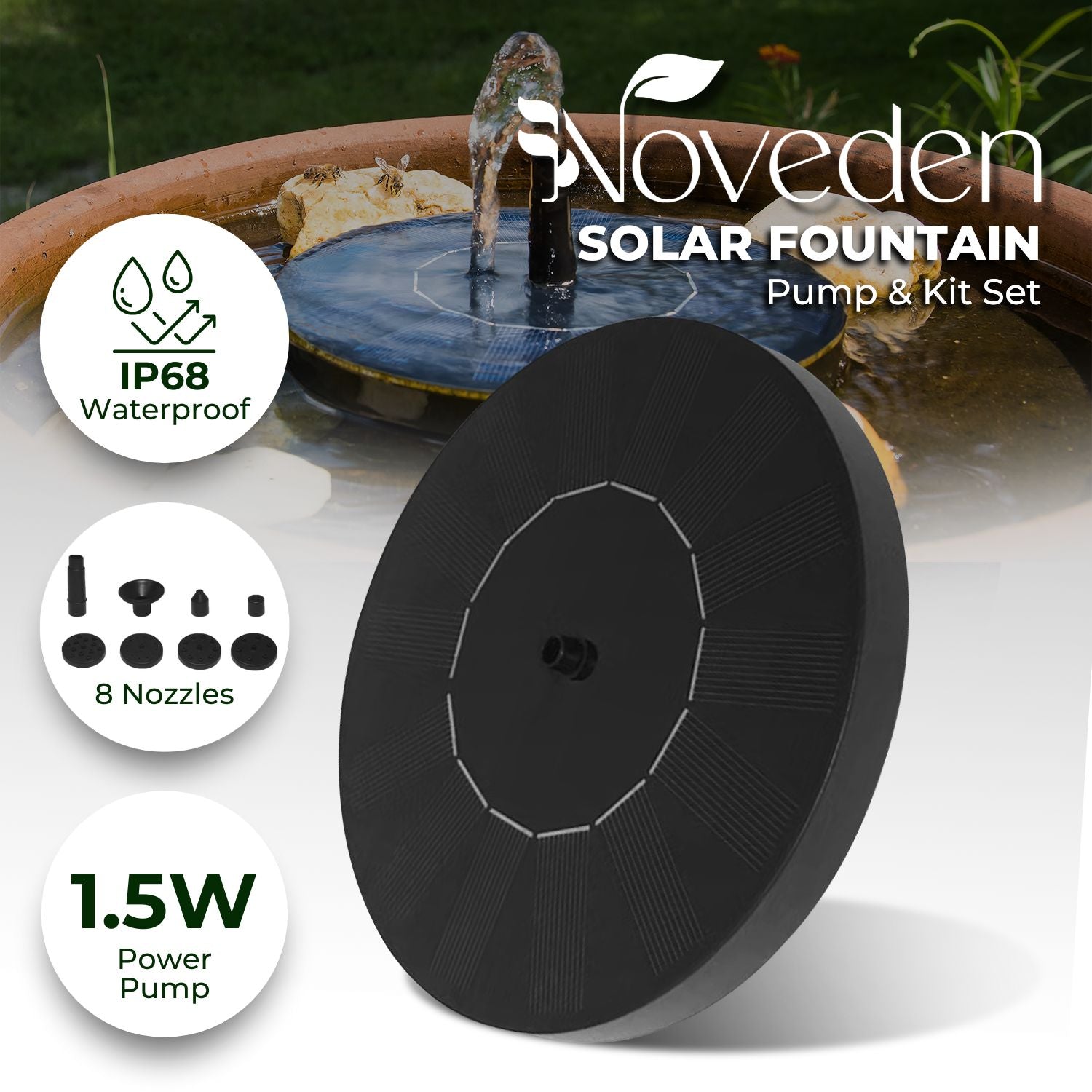 Sustainable 1.5W Solar Fountain Pump, Anti-Drift, Black - Noveden