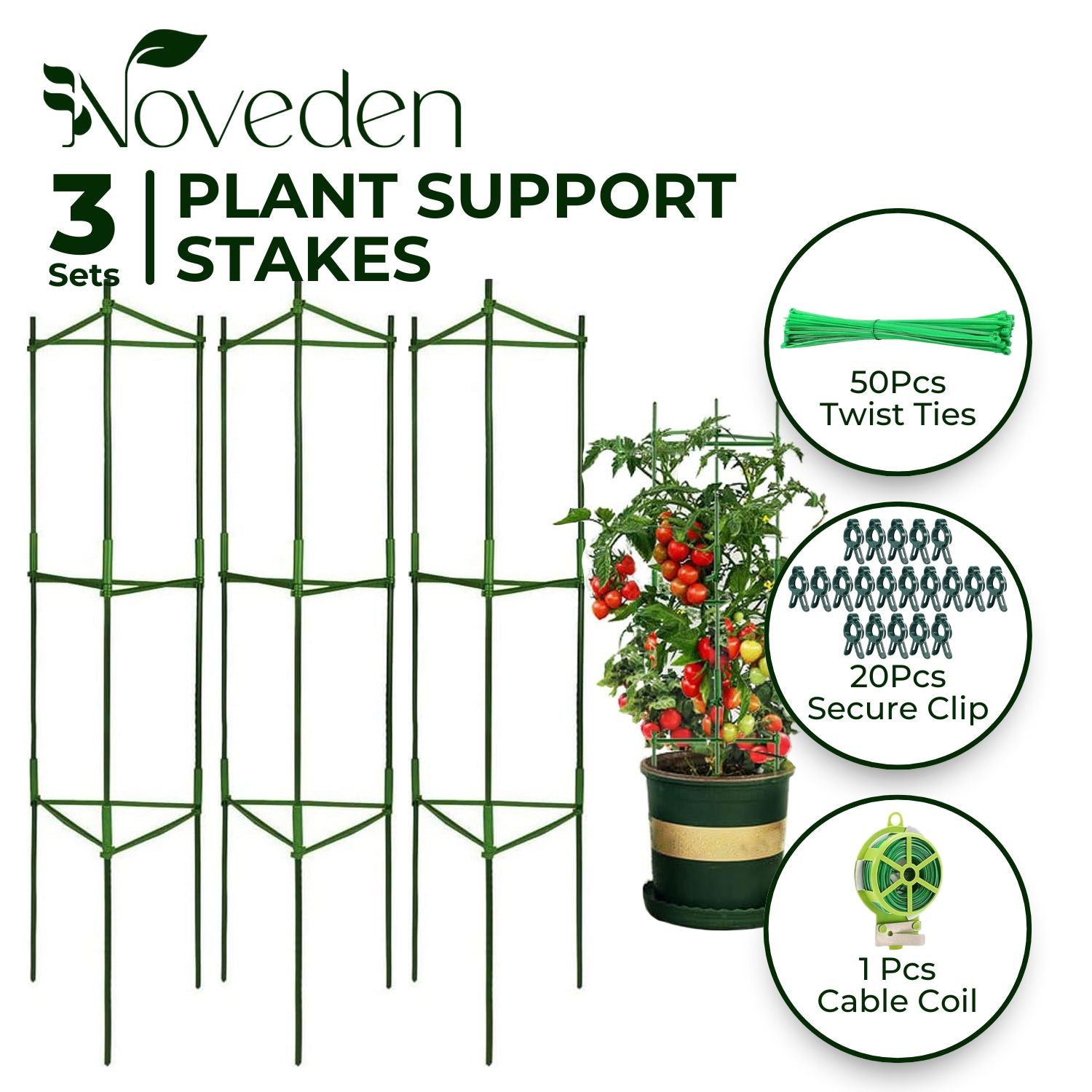 Durable Green Tomato Support Cages Set with Clips & Rope - Noveden