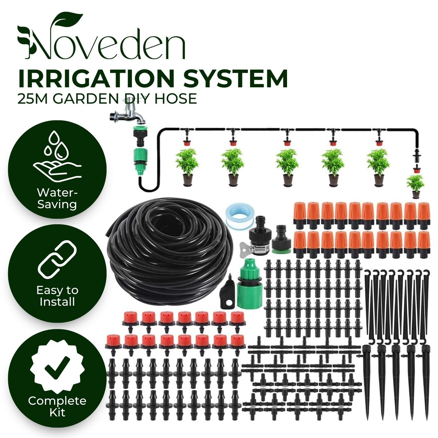 Complete Drip Irrigation Kit, Water-Saving, 25m Tube - Noveden