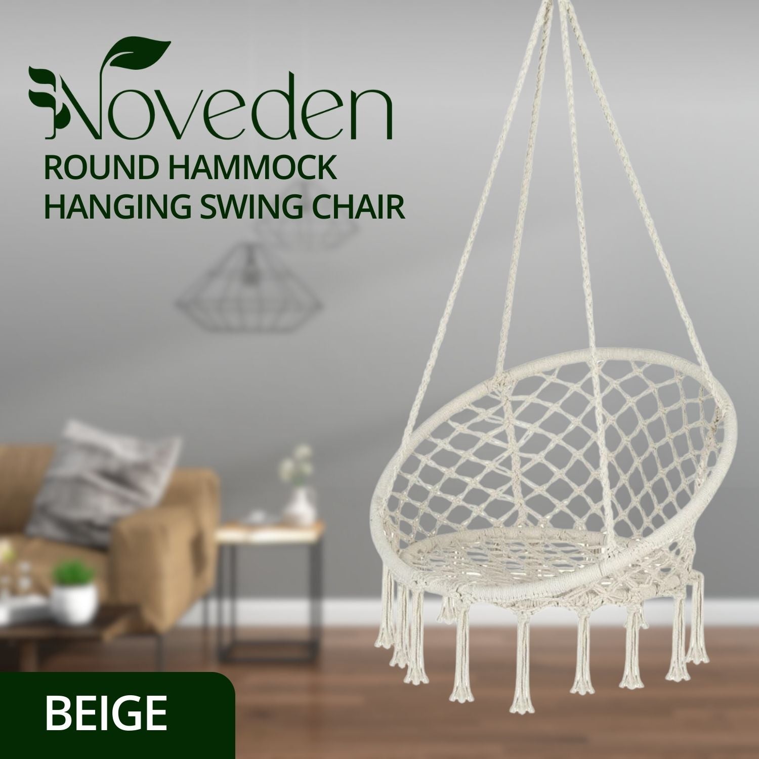 NOVEDEN Hammock Chair Swing with Cushion and Pillow (Beige)