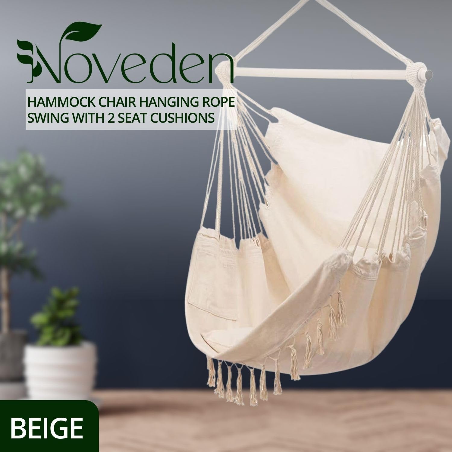 NOVEDEN Hammock Chair Hanging Rope Swing with 2 Seat Cushions Included (Beige)