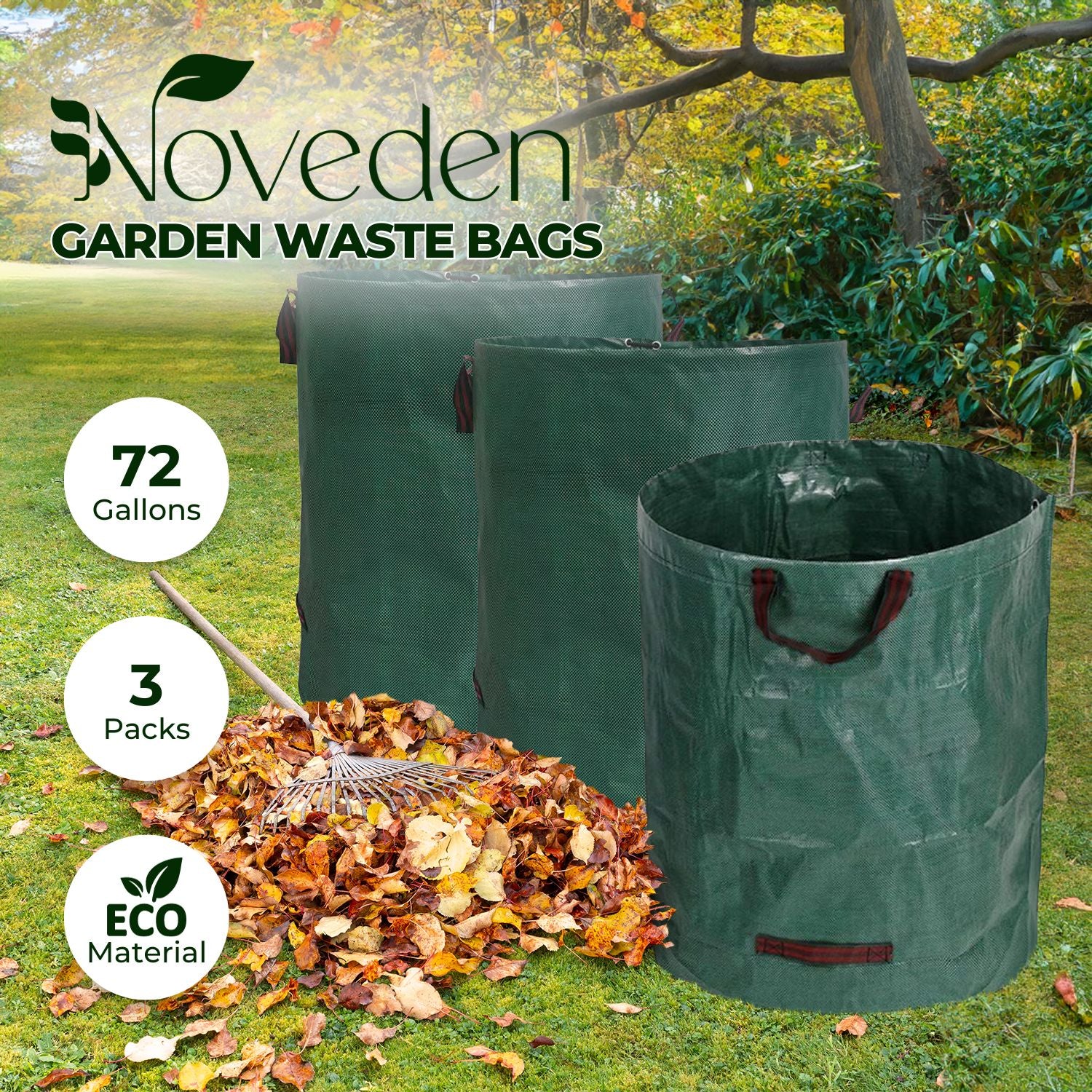 72-Gal Durable Garden Waste Bags, 3 Pack, Sturdy Handles, NOVEDEN