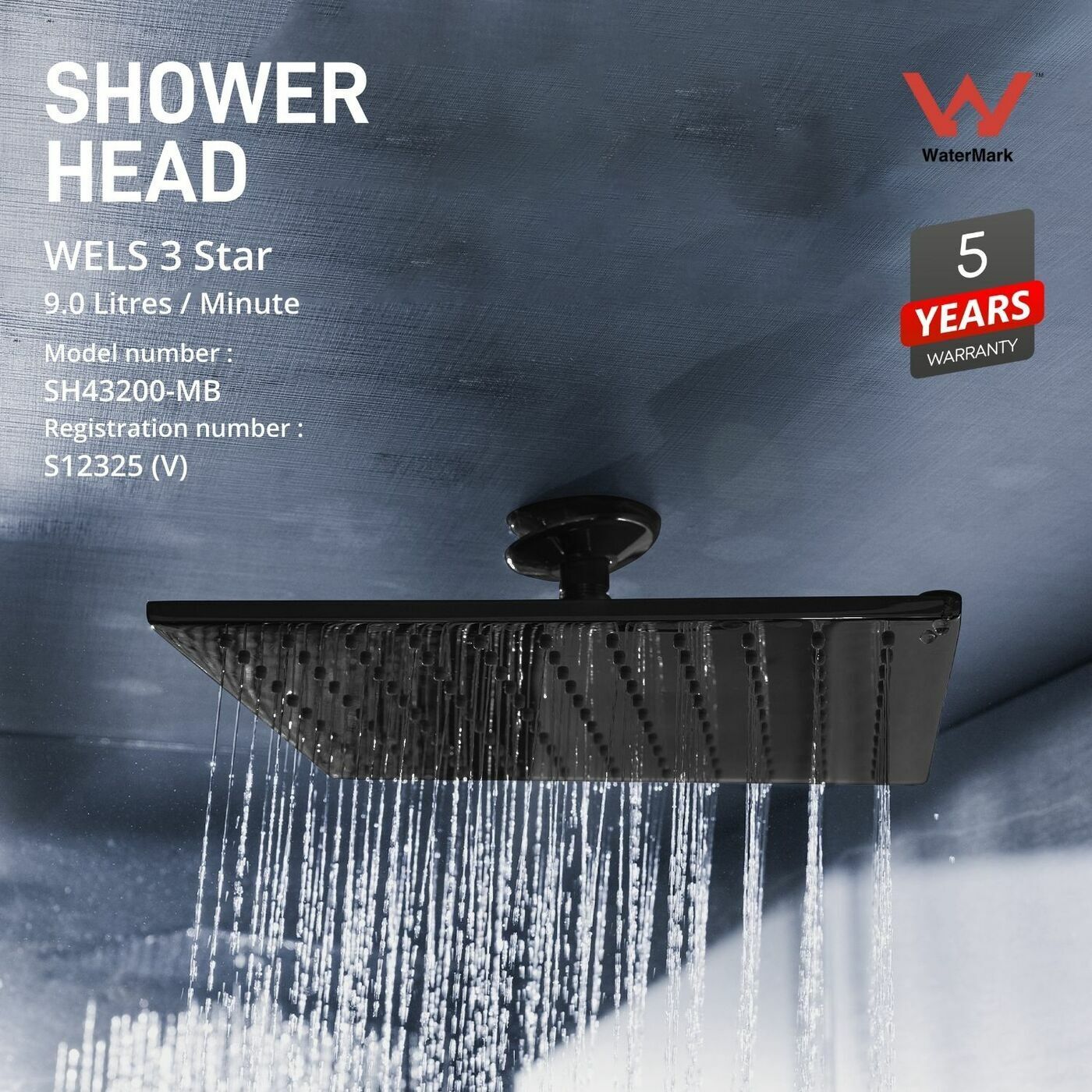 Stainless Steel Square 200mm Rainfall Shower Head - Matt Black