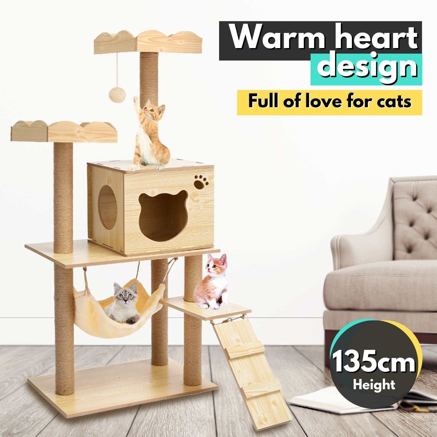 Multi-Level Wooden Cat Tree with Hammock (120cm/135cm)