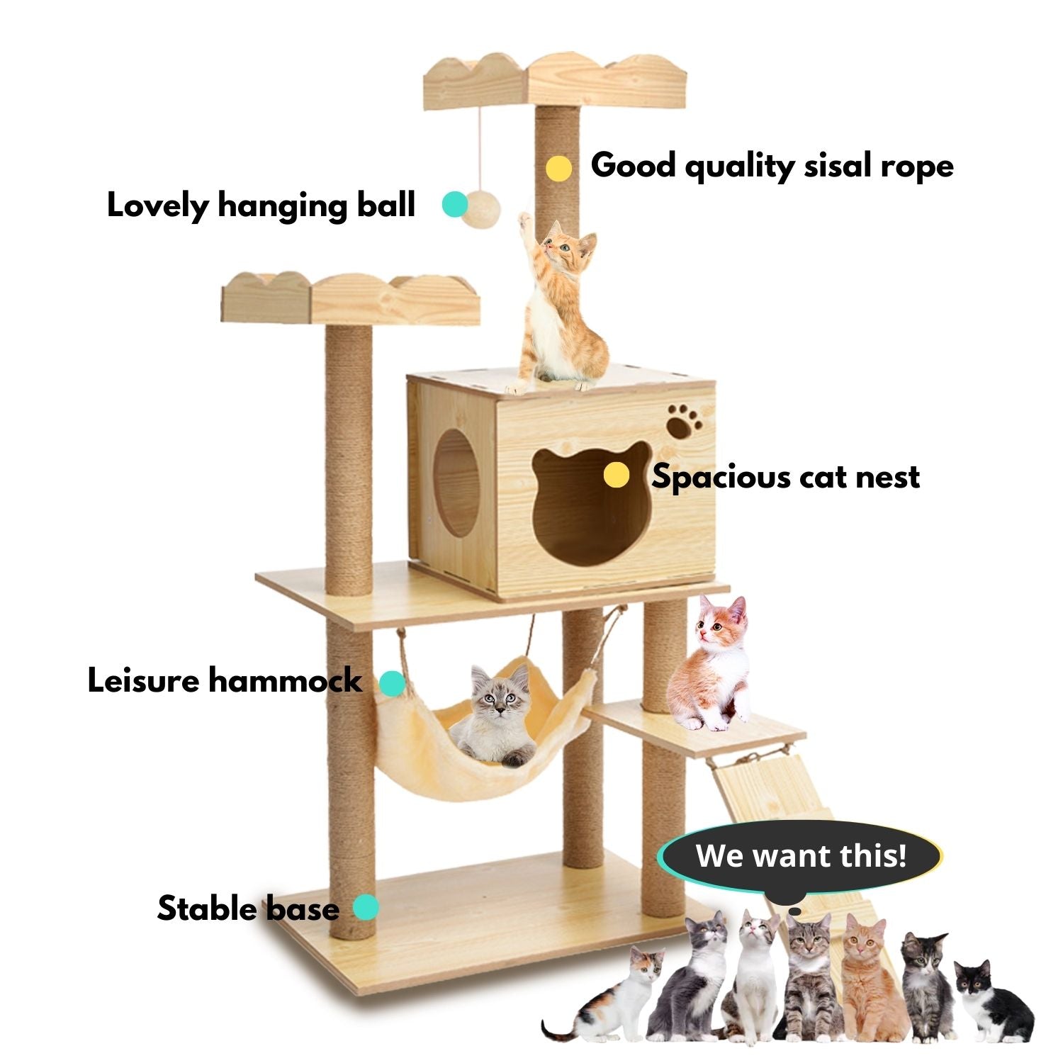 Multi-Level Wooden Cat Tree with Hammock (120cm/135cm)