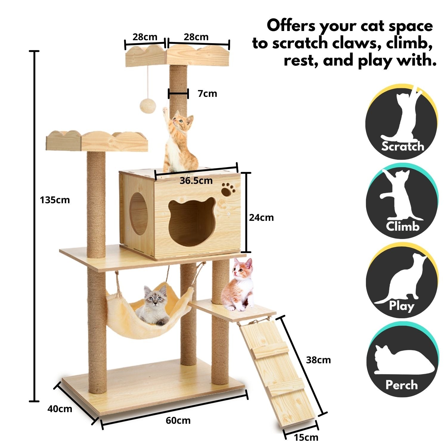 Multi-Level Wooden Cat Tree with Hammock (120cm/135cm)