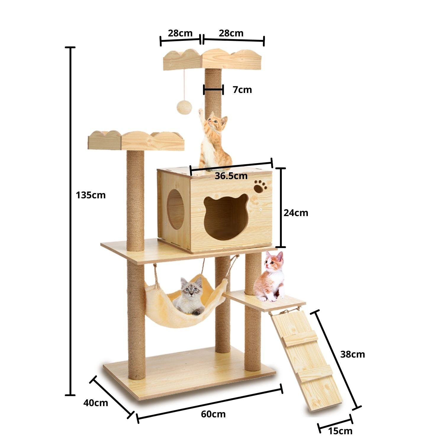 Multi-Level Wooden Cat Tree with Hammock (120cm/135cm)