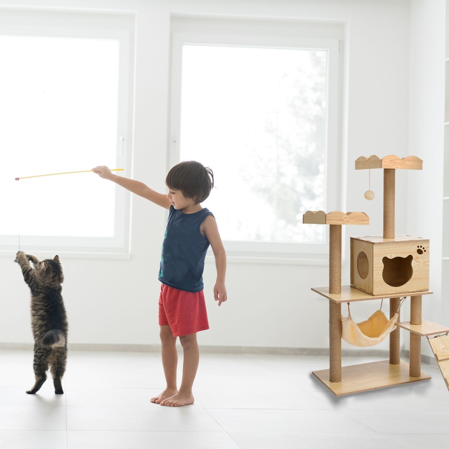 Multi-Level Wooden Cat Tree with Hammock (120cm/135cm)