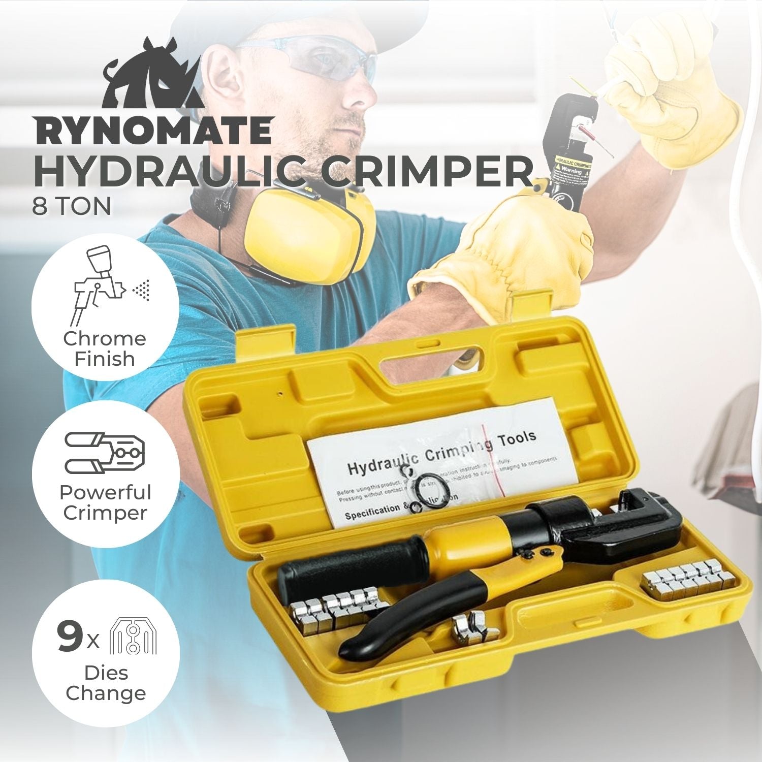 RYNOMATE 8 Ton Hydraulic Crimping Tool with 9 Dies( Yellow)