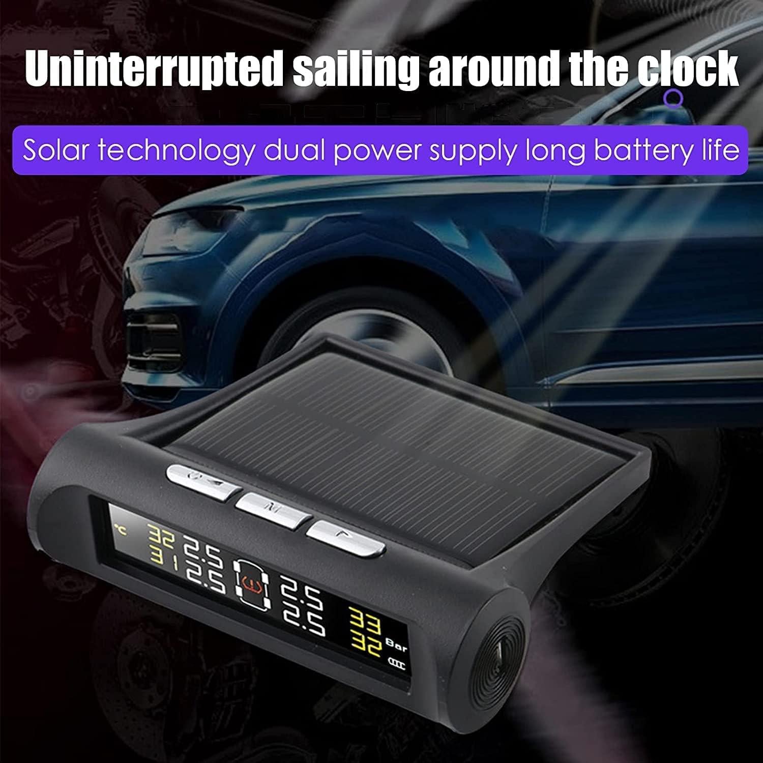 Solar & USB Tire Pressure Monitor System, 4 Waterproof Sensors