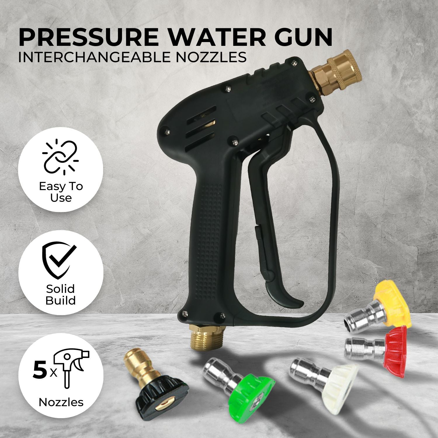 Durable 3000 PSI Pressure Washer Gun w/5 Spray Nozzles - RYNOMATE