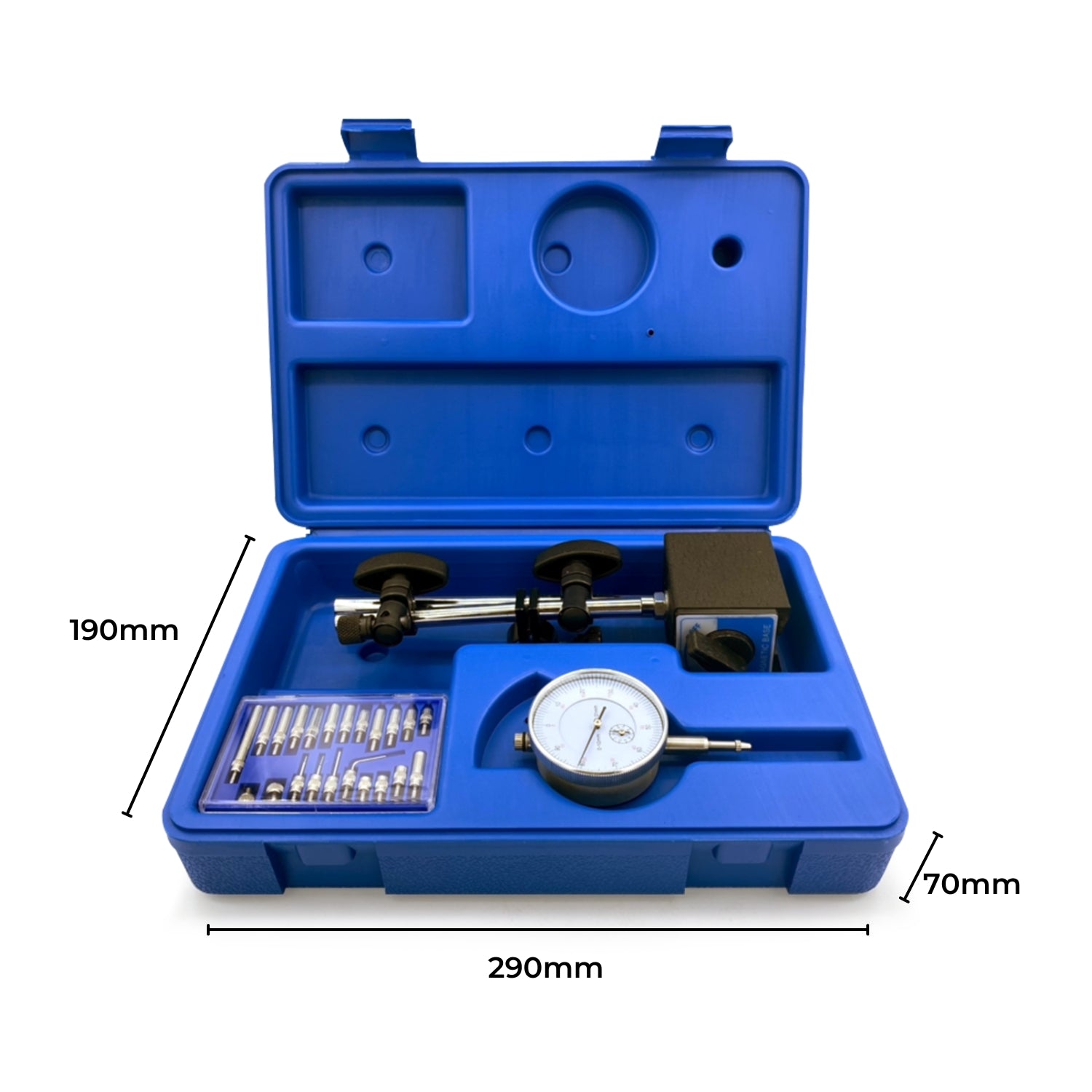 Powerful Magnetic Base Dial Indicator Gauge Set, 0-10mm, 0.01mm Accuracy, Adjustable Chrome Arm, 22pcs Indicator Points, Blue RYNOMATE