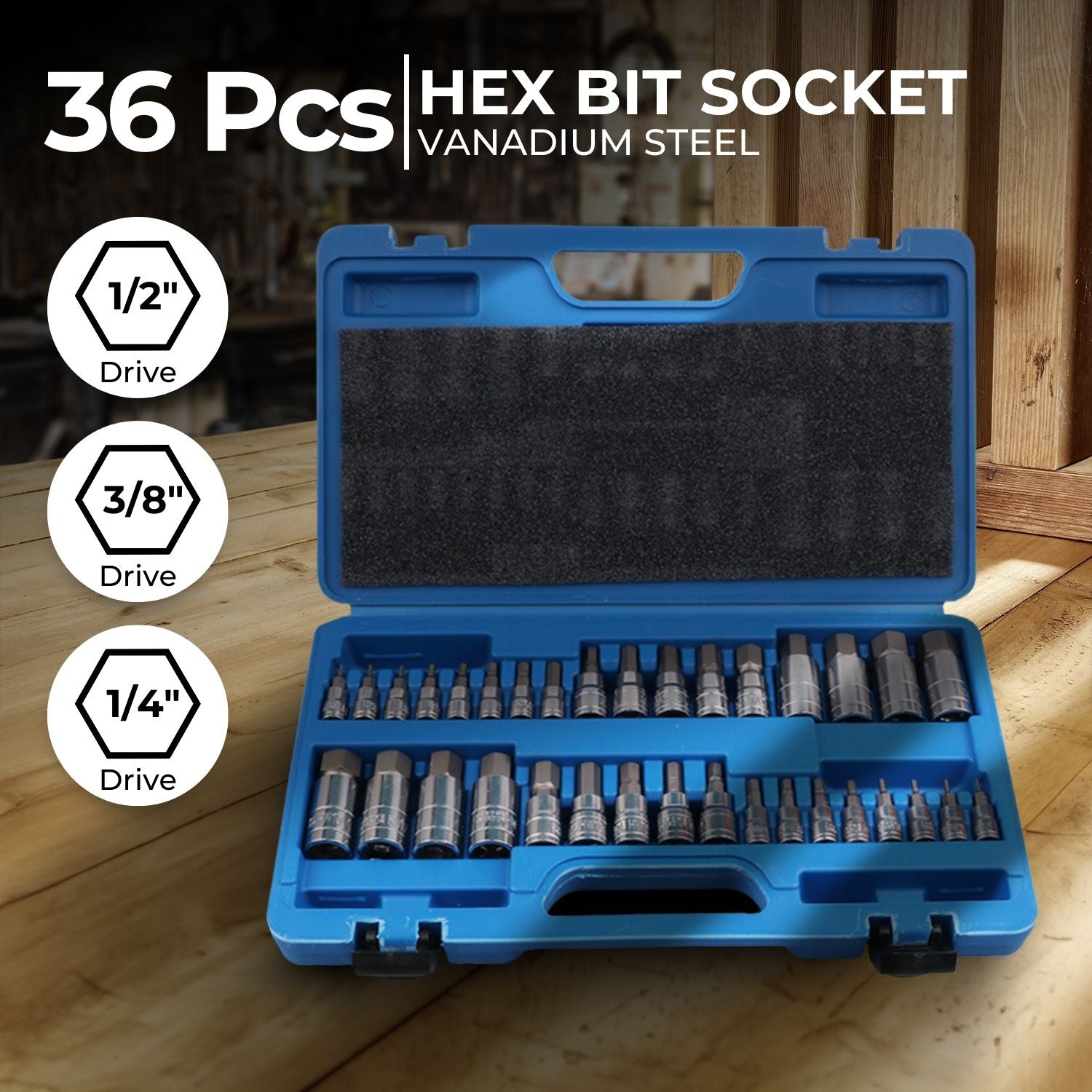 Precision CNC Hex Bit Socket Set 1/4 3/8 1/2 36pc RYNOMATE