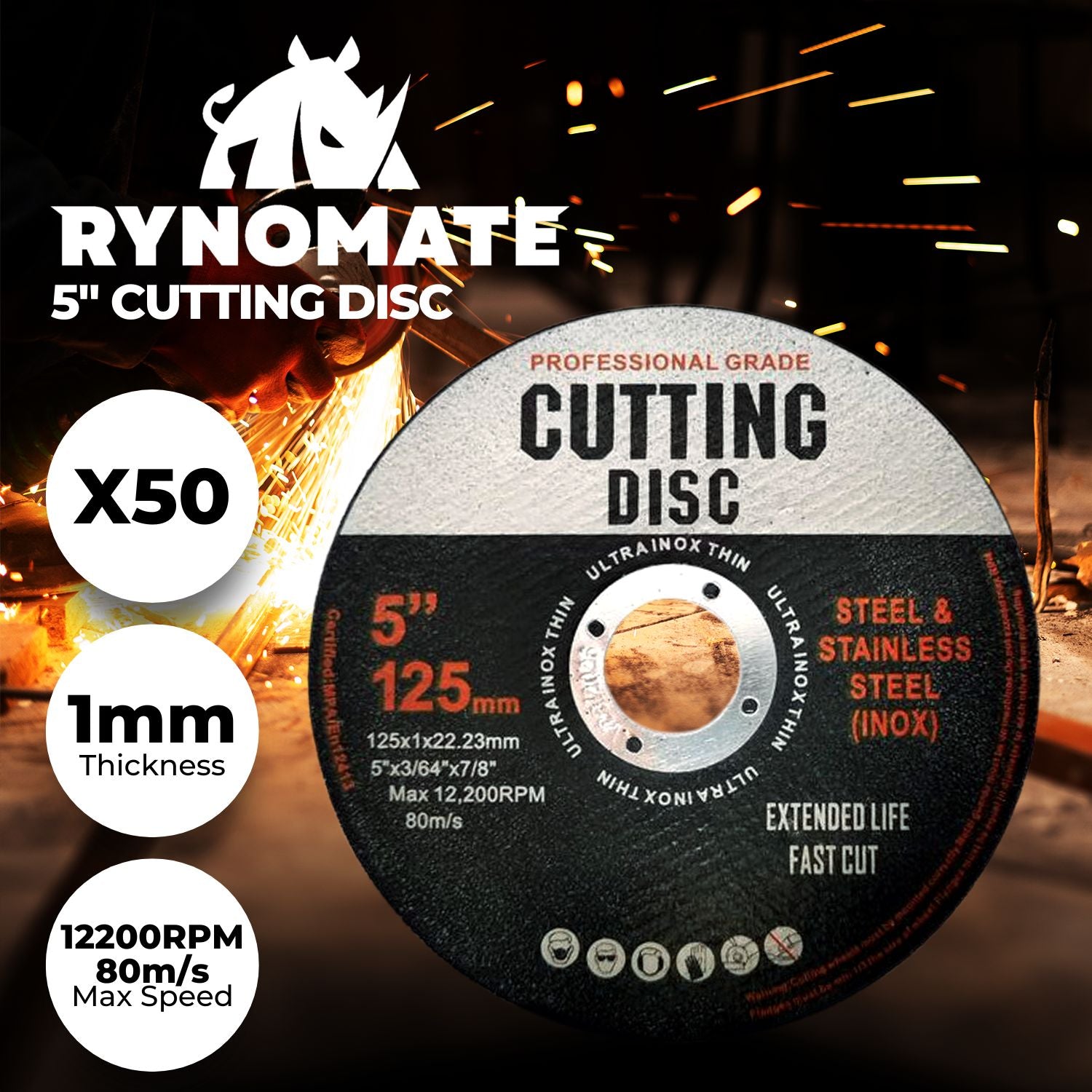 RYNOMATE 50 Pcs Cutting Wheel Discs 125mm (Black)