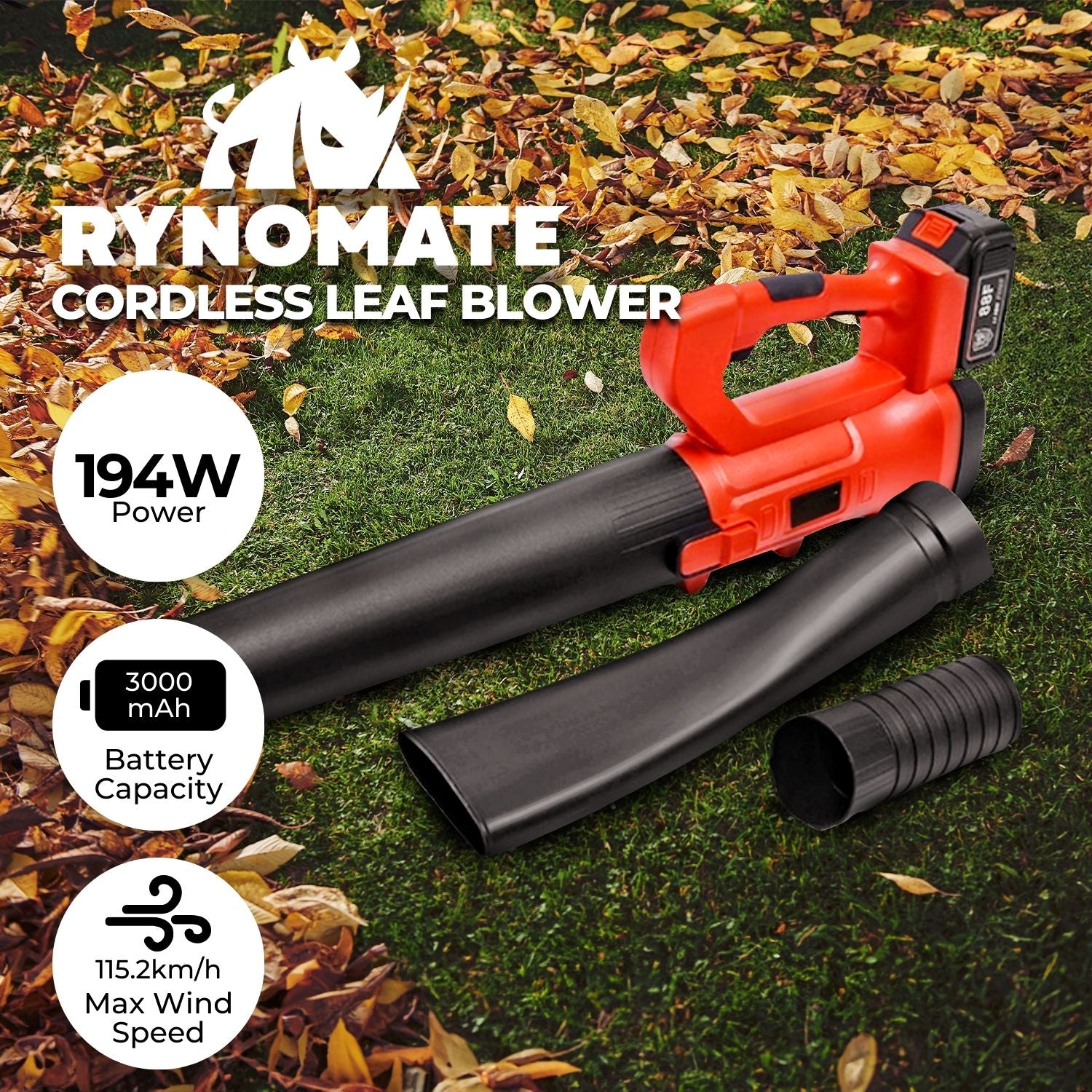 18V Cordless Leaf Blower, 6-Speed, Lithium Battery - RYNOMATE