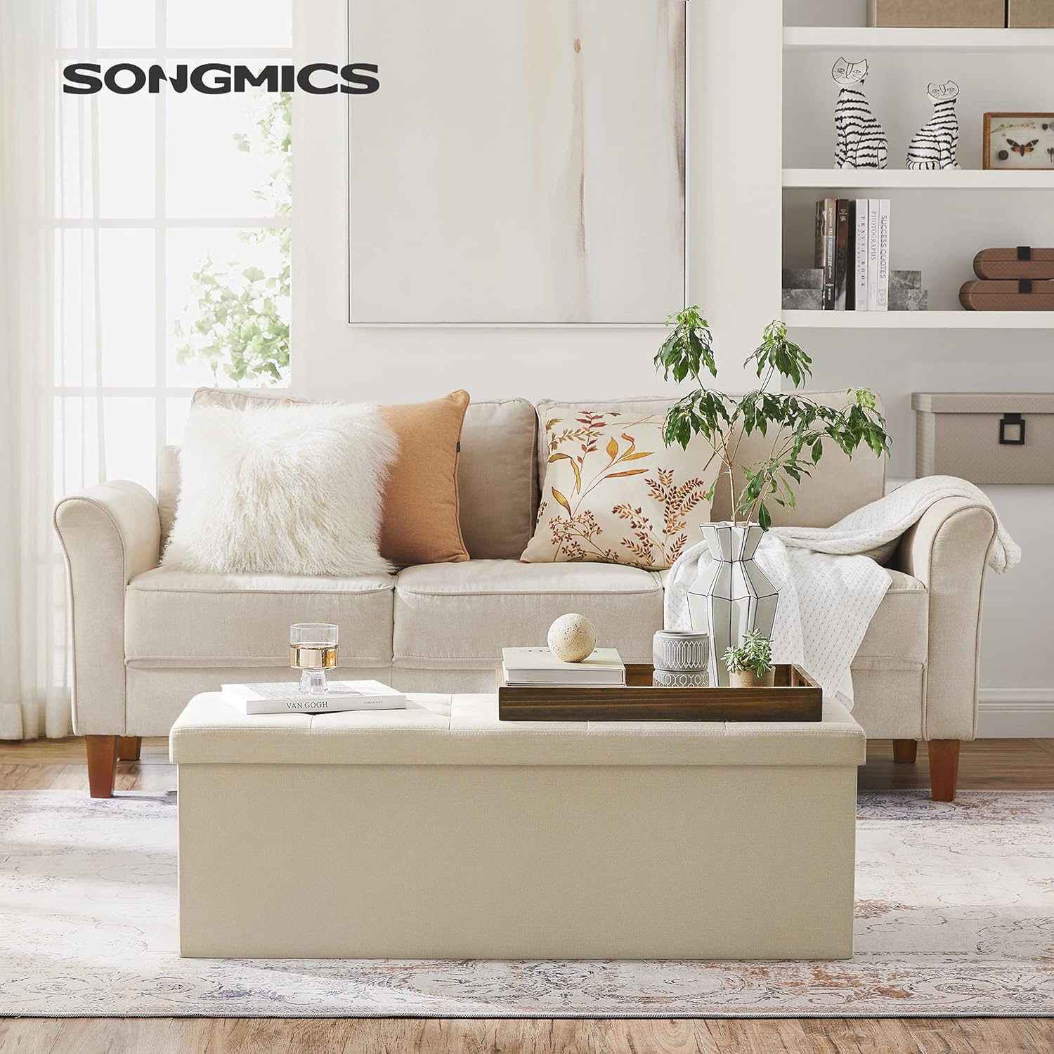 Beige Folding Storage Ottoman Bench, 660 lb Capacity - SONGMICS