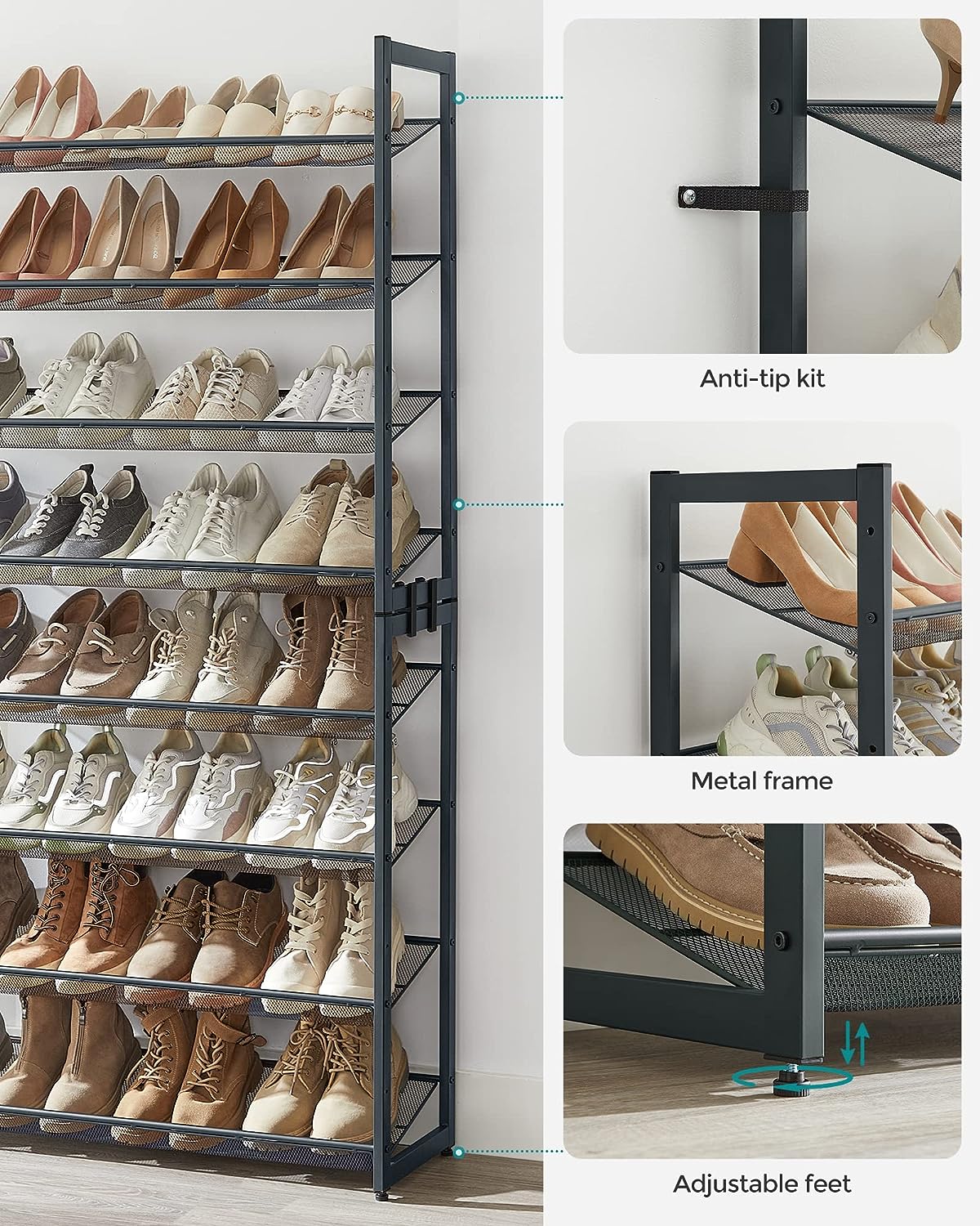 SONGMICS 8-Tier Shoe Rack Storage 32 pairs with Adjustable Shelves Gray