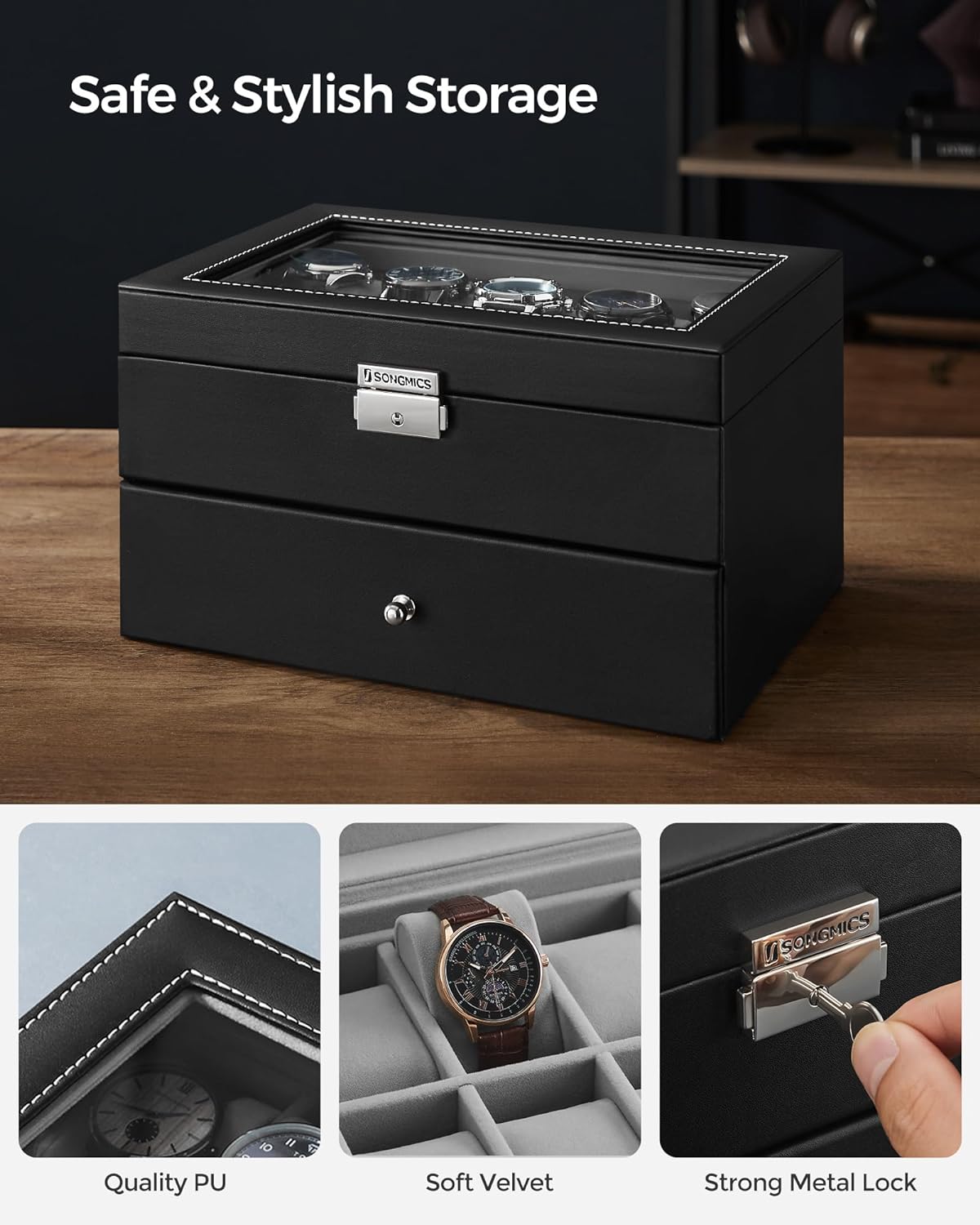 SONGMICS 20-Slot Watch Box with Glass Lid 2 Layers Black Synthetic Leather Gray Lining