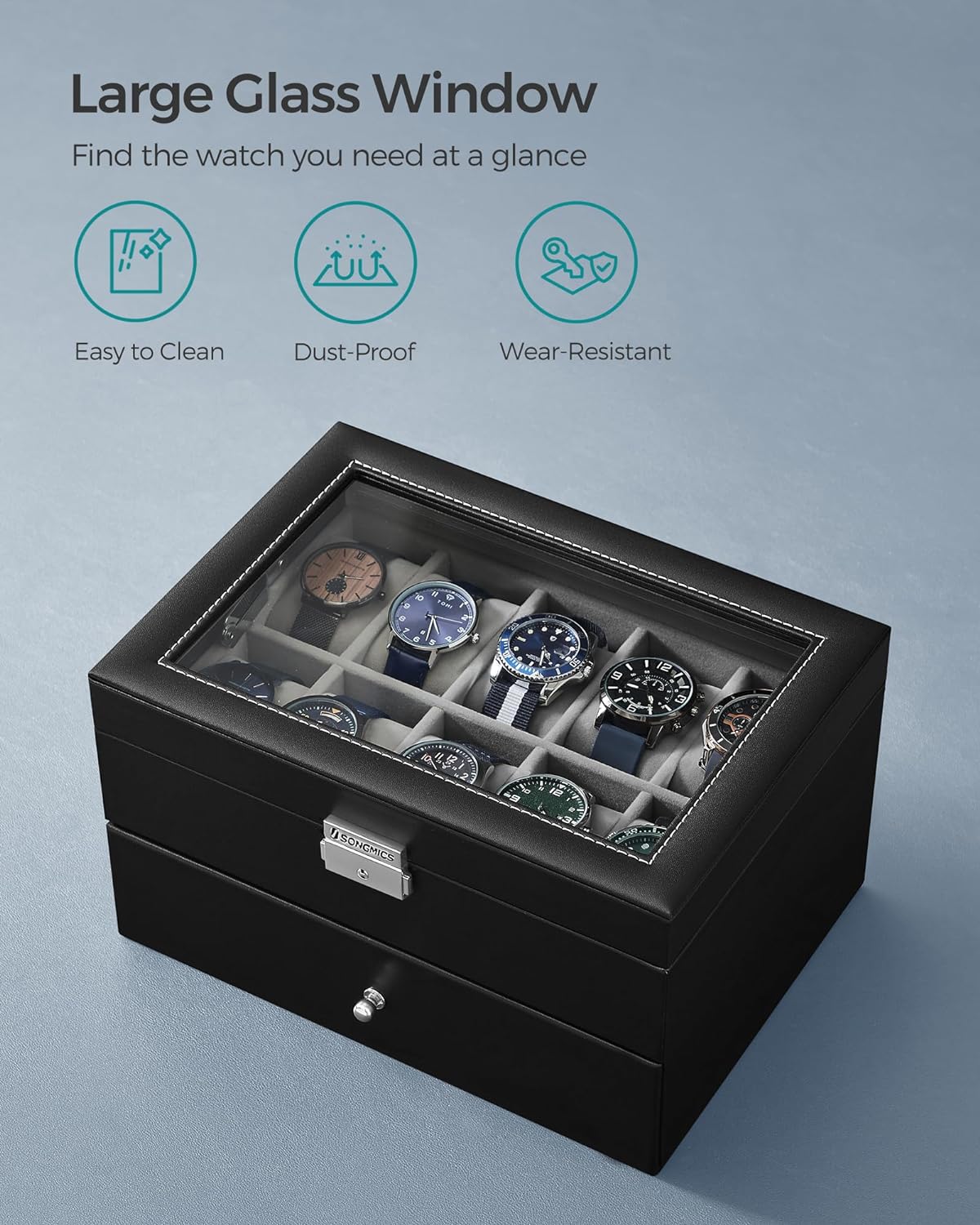 SONGMICS 20-Slot Watch Box with Glass Lid 2 Layers Black Synthetic Leather Gray Lining